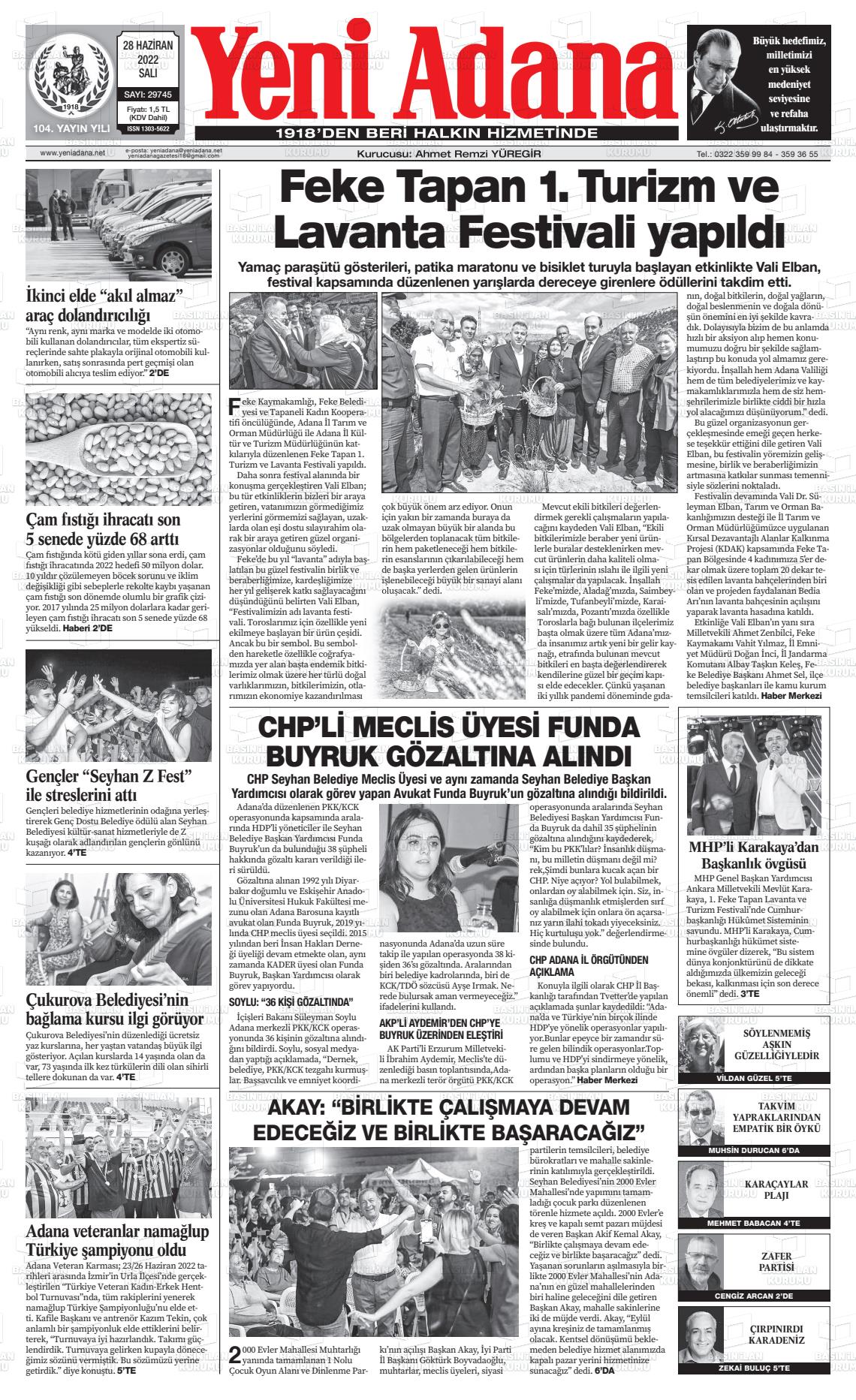 28 Haziran 2022 Yeni Adana Gazete Manşeti