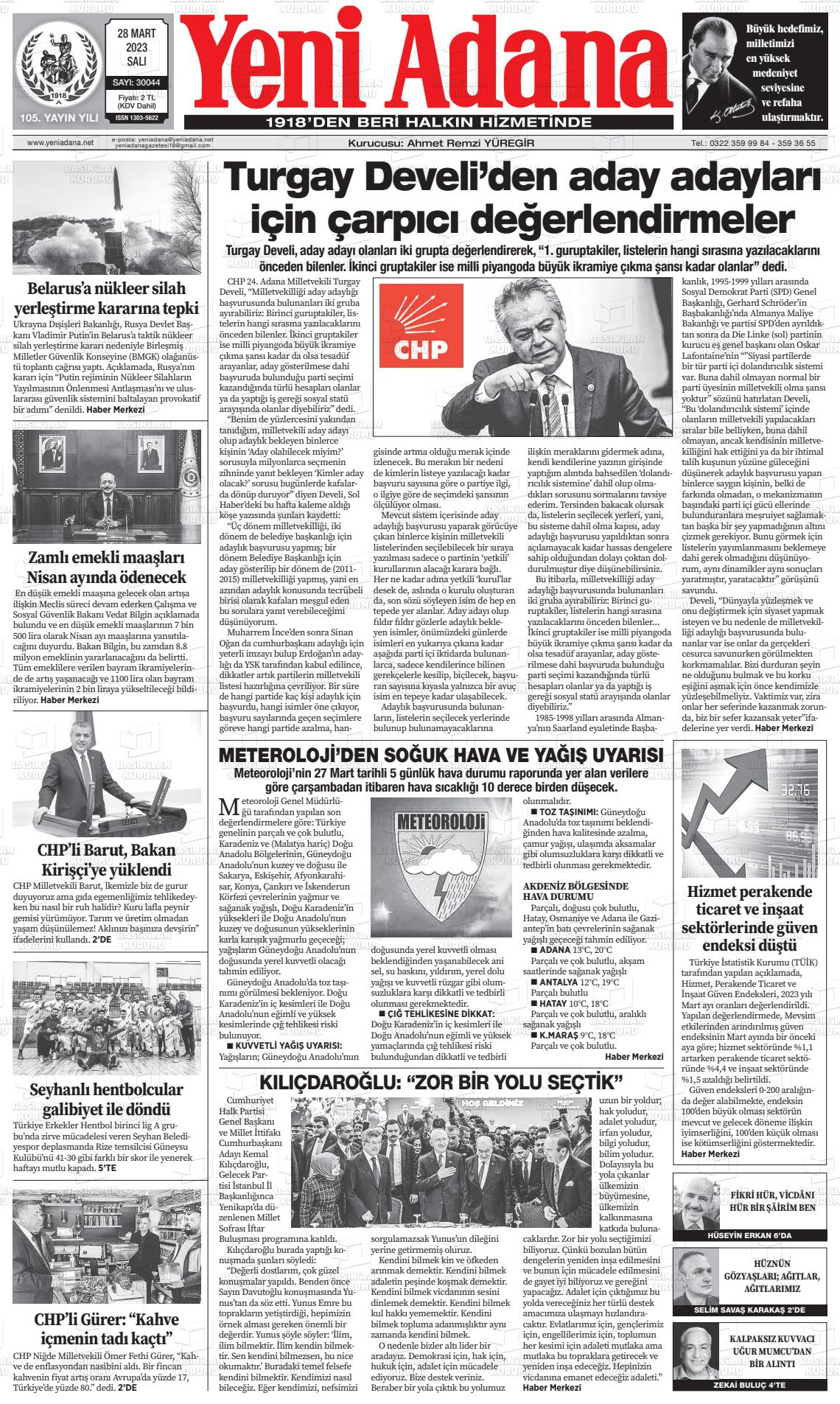 28 Mart 2023 Yeni Adana Gazete Manşeti