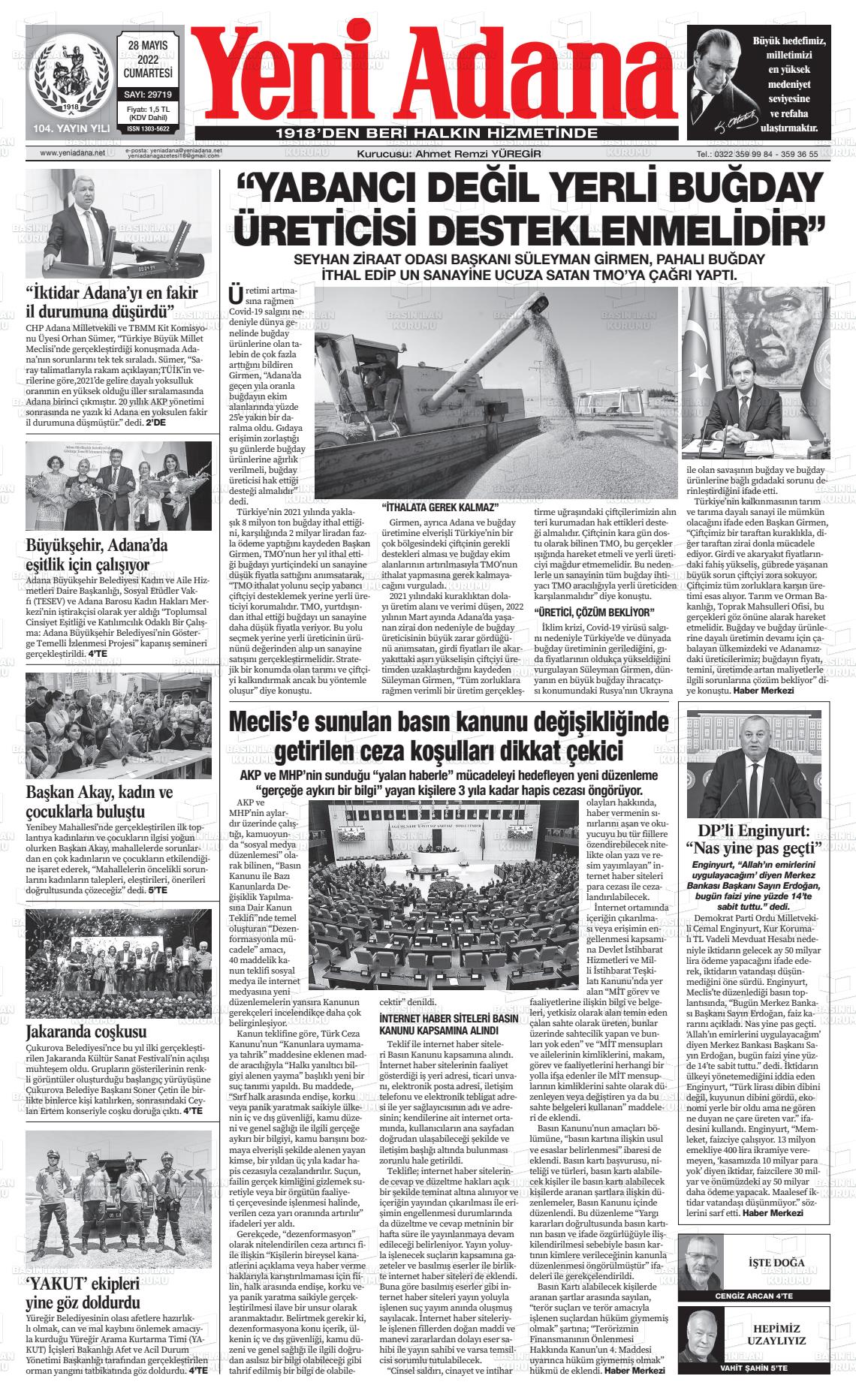 28 Mayıs 2022 Yeni Adana Gazete Manşeti