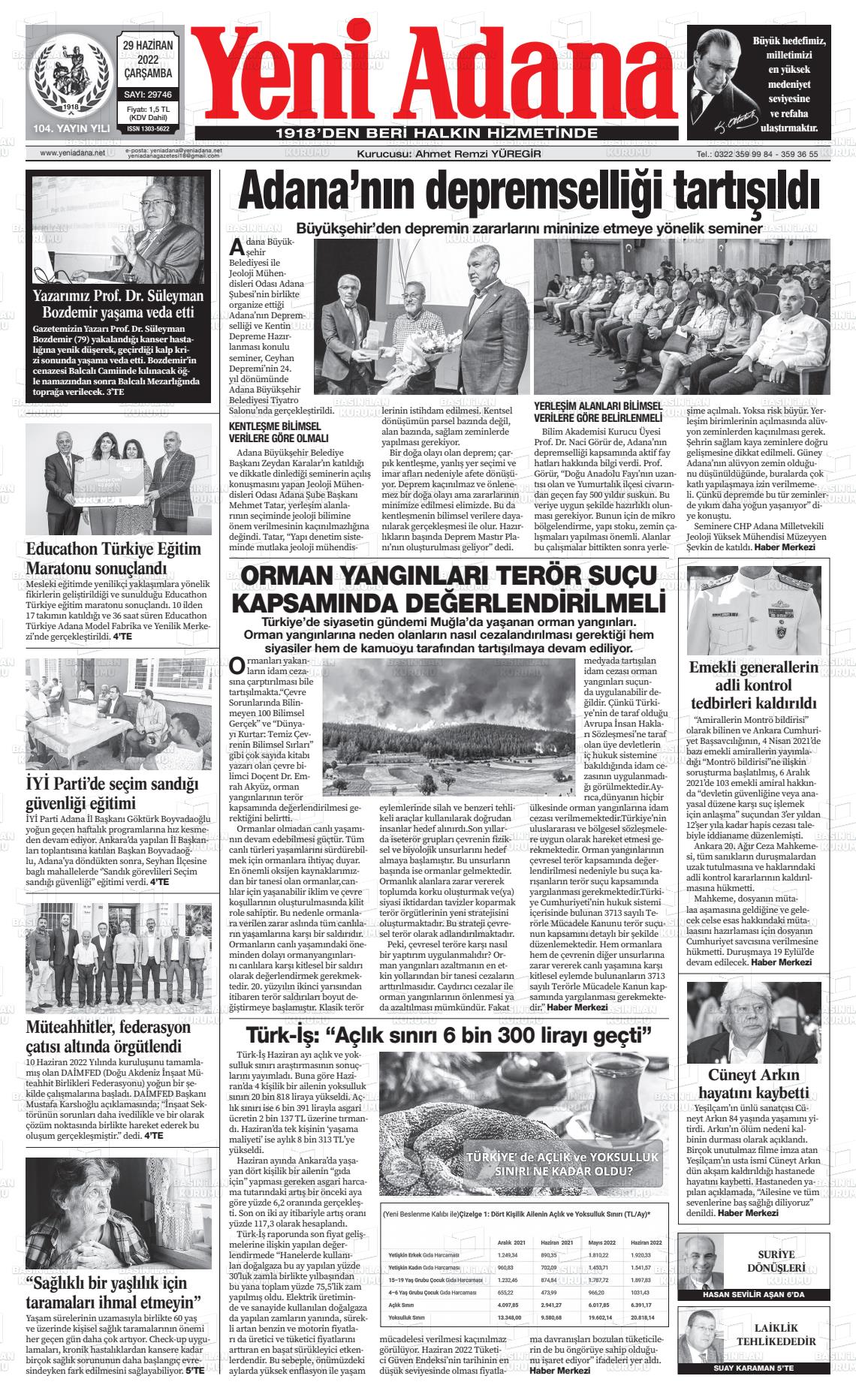 29 Haziran 2022 Yeni Adana Gazete Manşeti