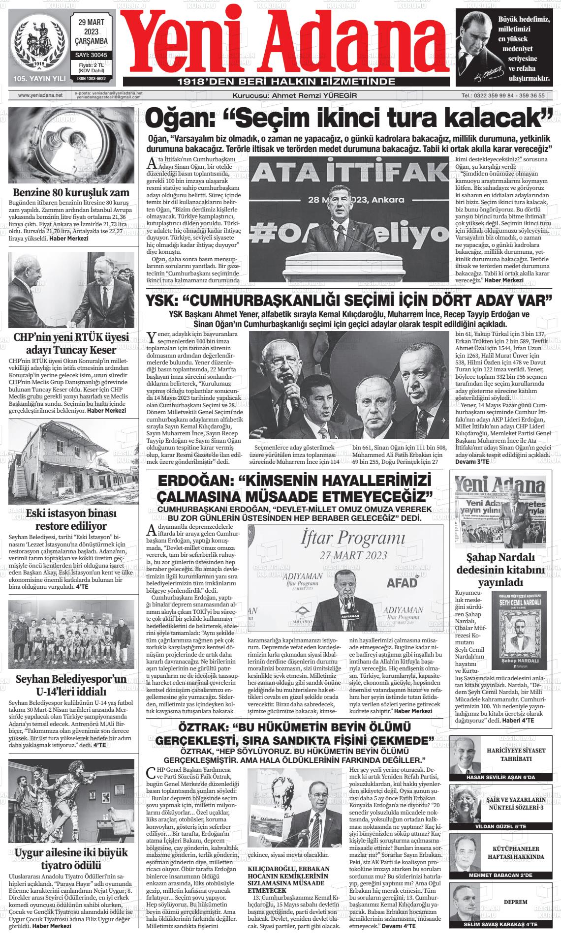 29 Mart 2023 Yeni Adana Gazete Manşeti