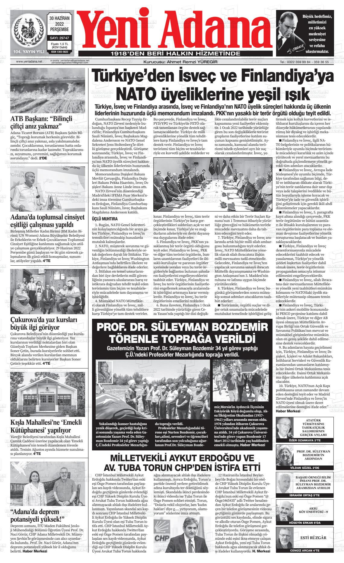 30 Haziran 2022 Yeni Adana Gazete Manşeti