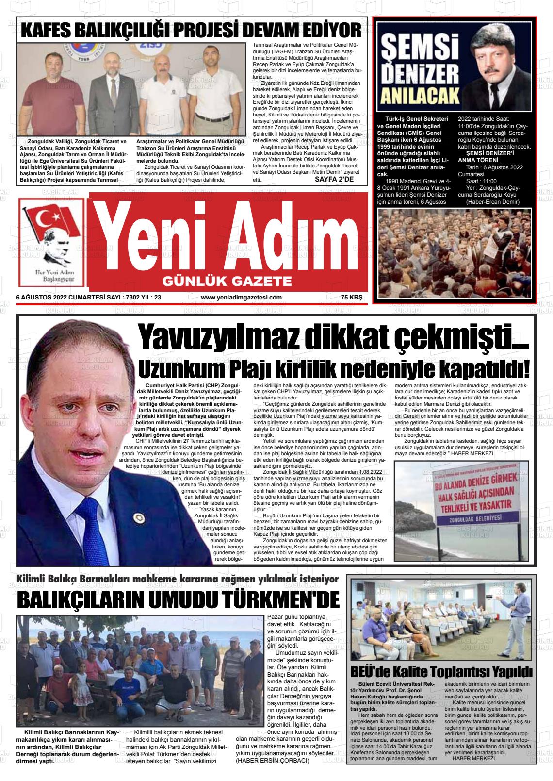 06 Ağustos 2022 Yeni Adım Gazete Manşeti