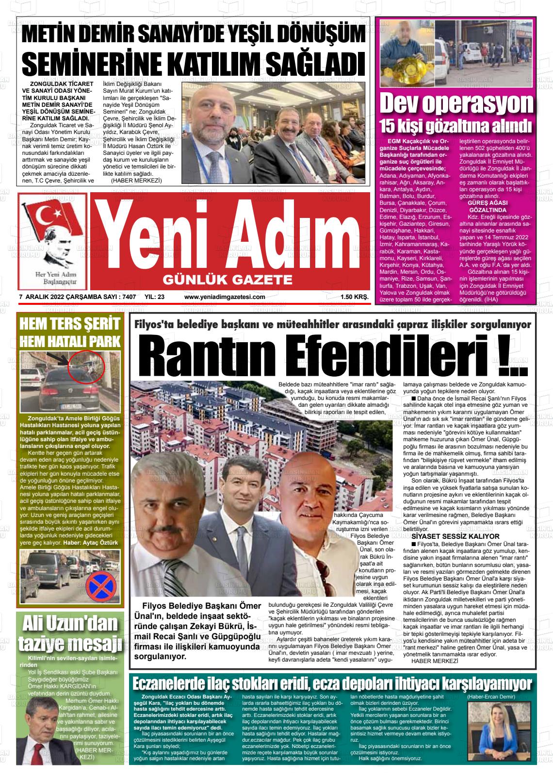 07 Aralık 2022 Yeni Adım Gazete Manşeti