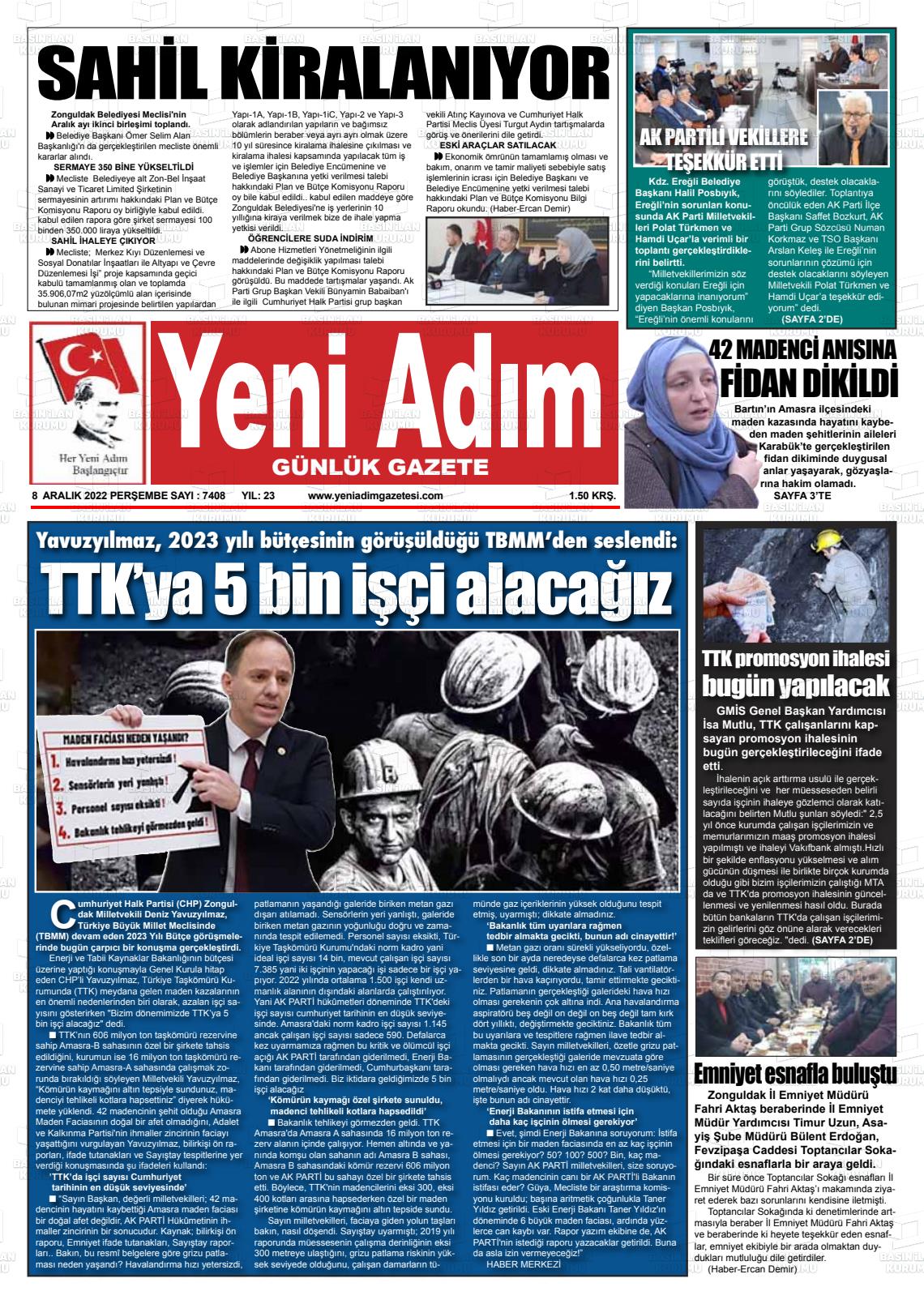 08 Aralık 2022 Yeni Adım Gazete Manşeti