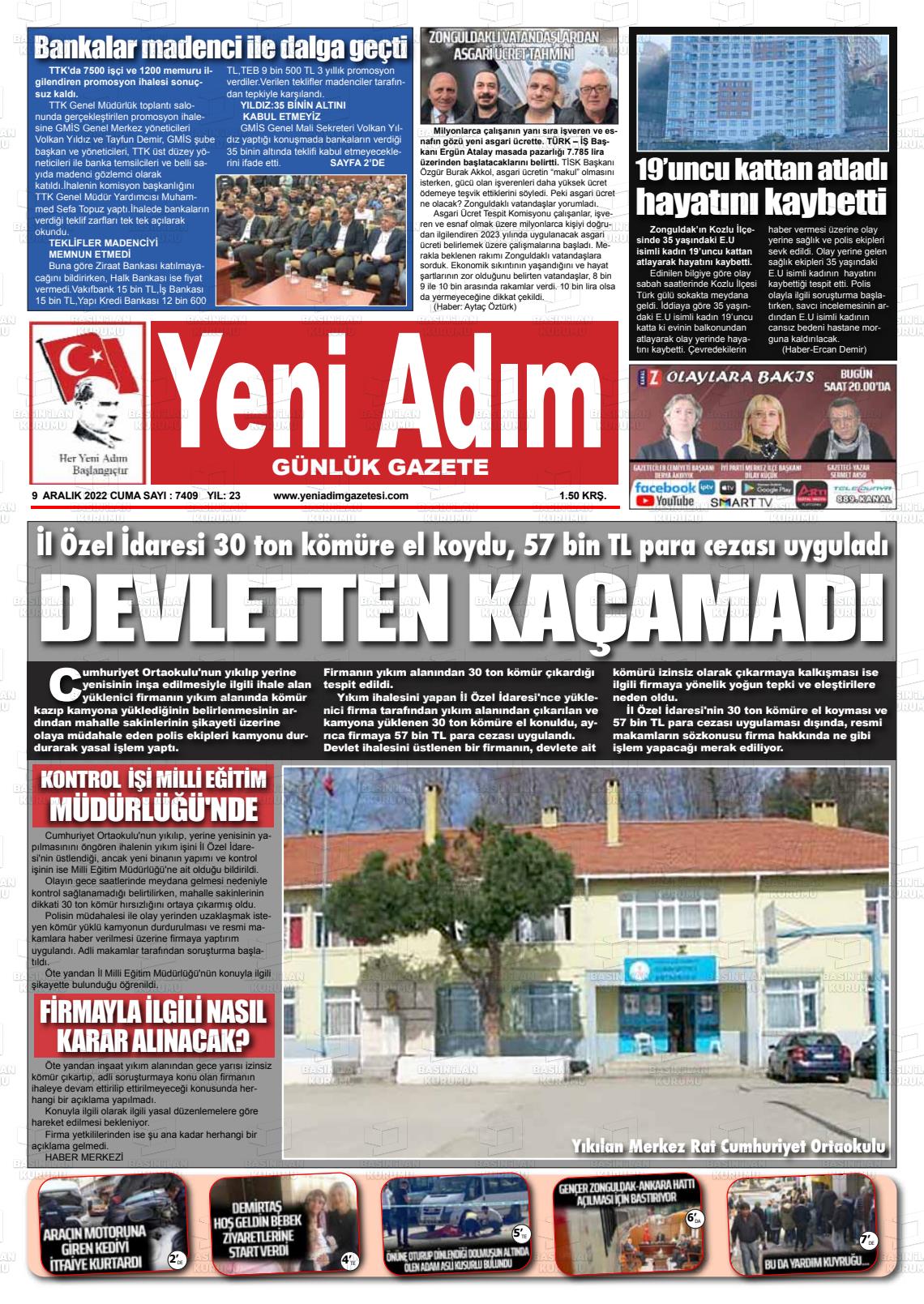 09 Aralık 2022 Yeni Adım Gazete Manşeti