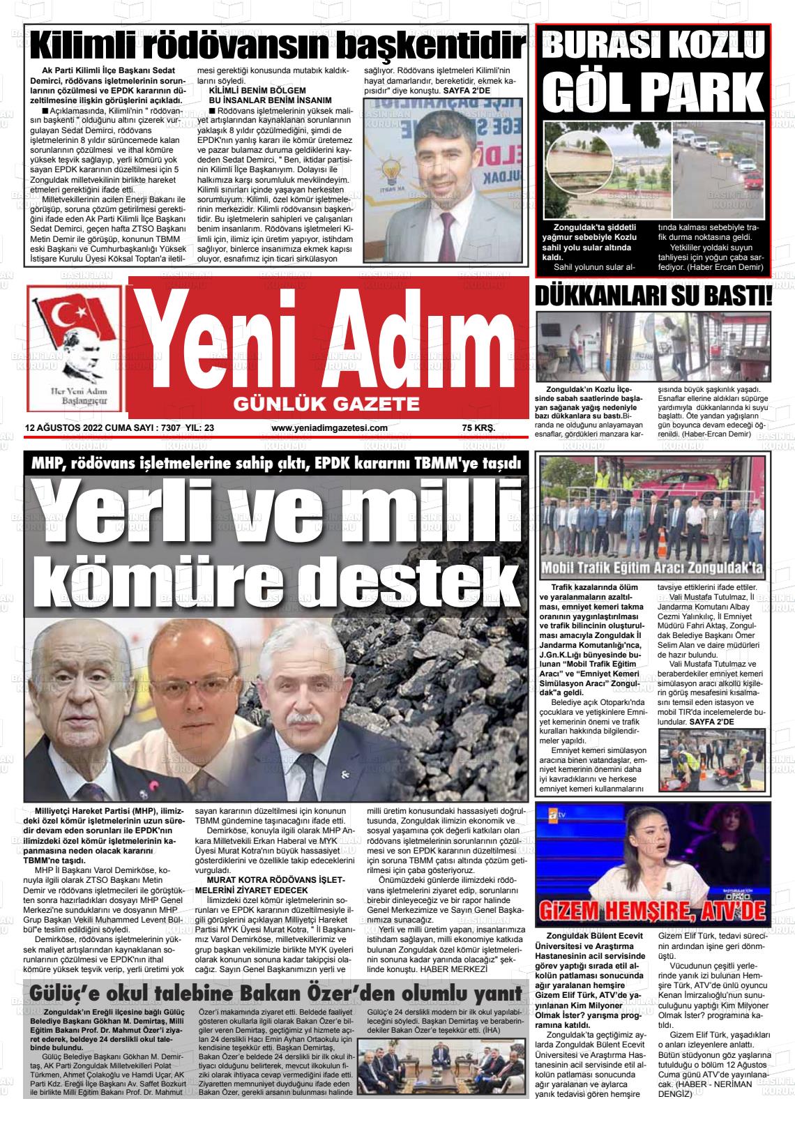 12 Ağustos 2022 Yeni Adım Gazete Manşeti