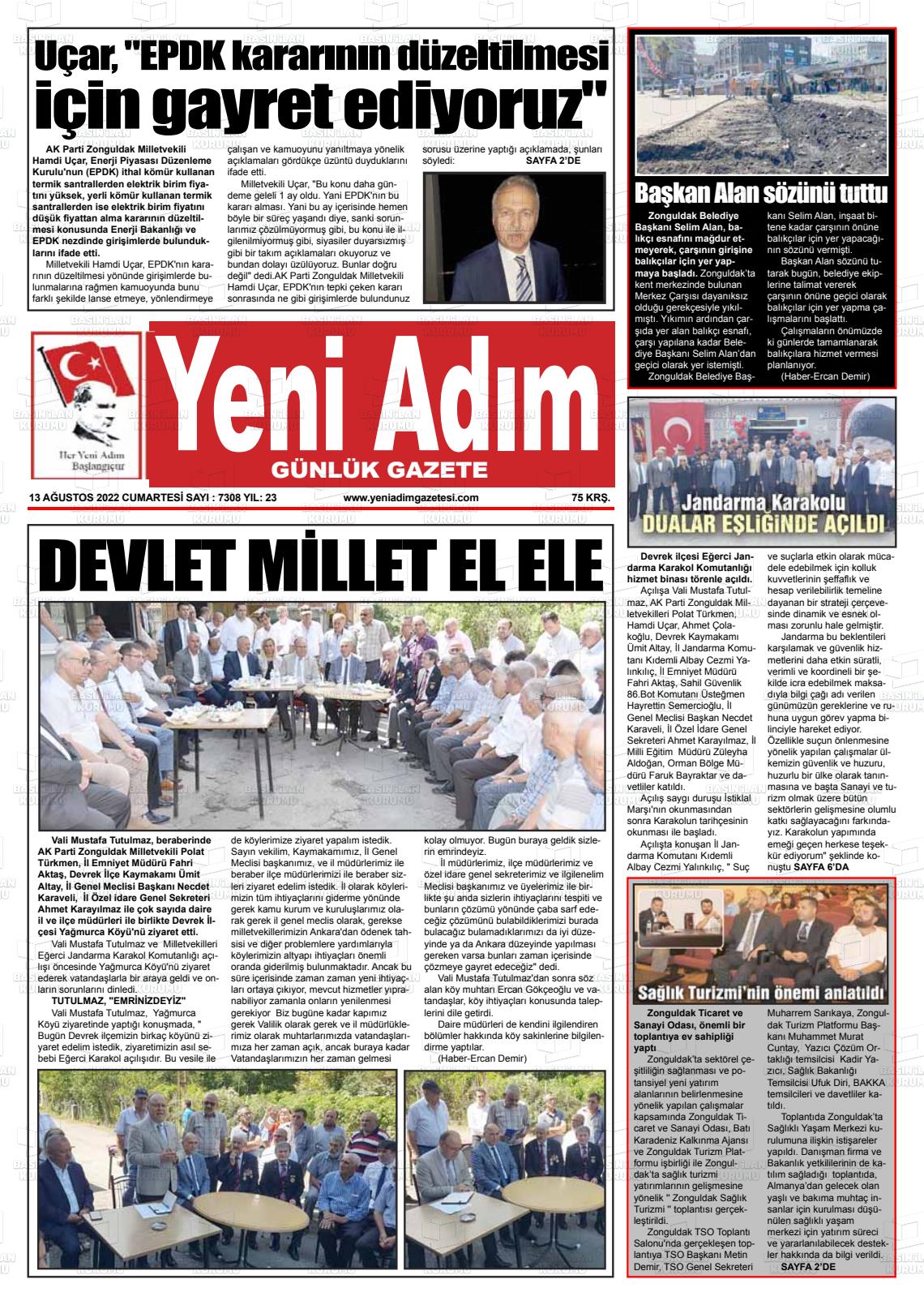 13 Ağustos 2022 Yeni Adım Gazete Manşeti