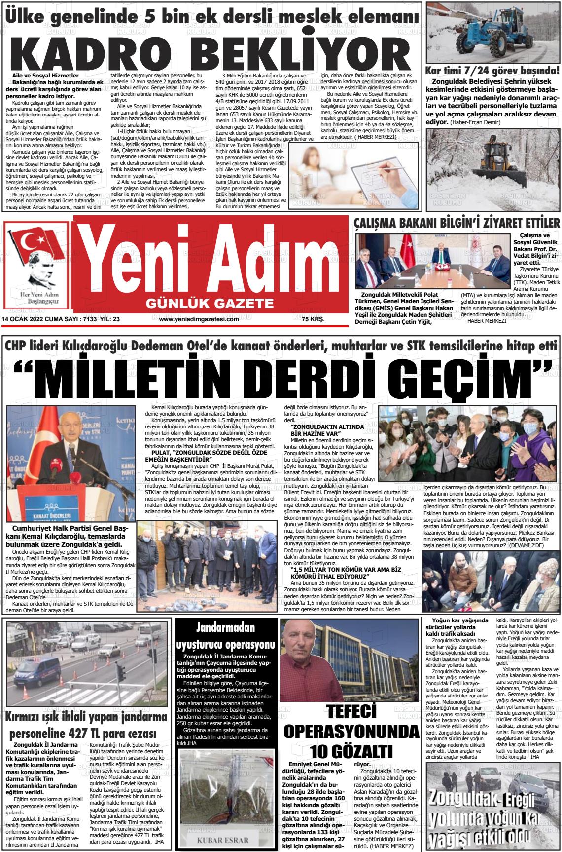 14 Ocak 2022 Yeni Adım Gazete Manşeti