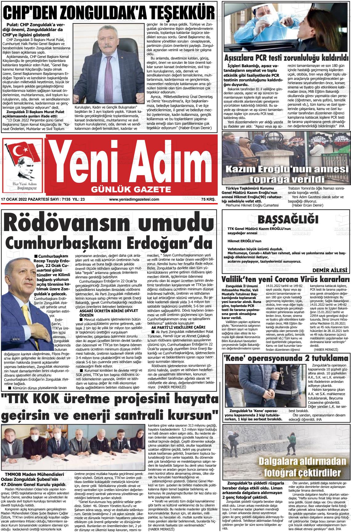 17 Ocak 2022 Yeni Adım Gazete Manşeti