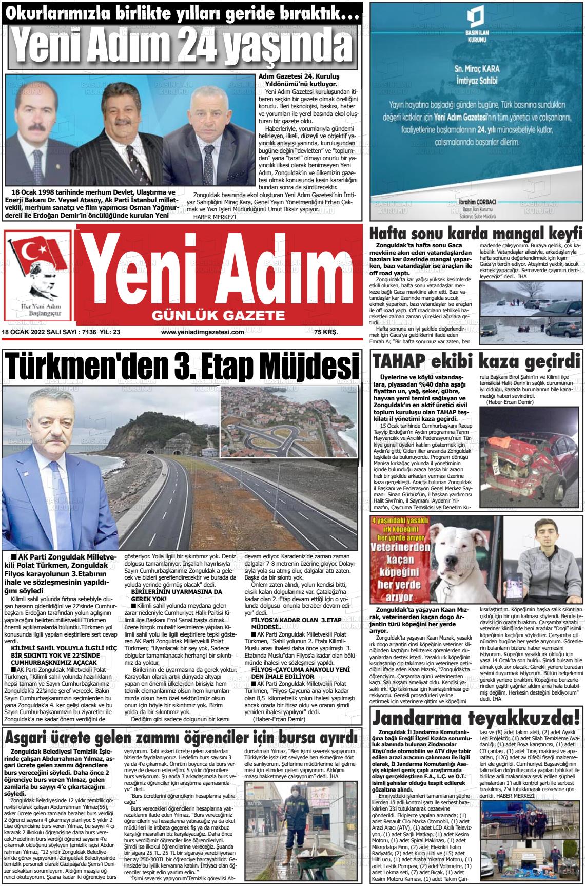 18 Ocak 2022 Yeni Adım Gazete Manşeti