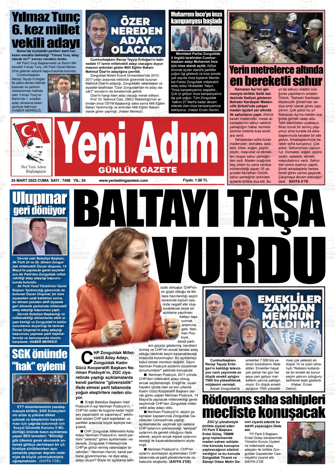 24 Mart 2023 Yeni Adım Gazete Manşeti