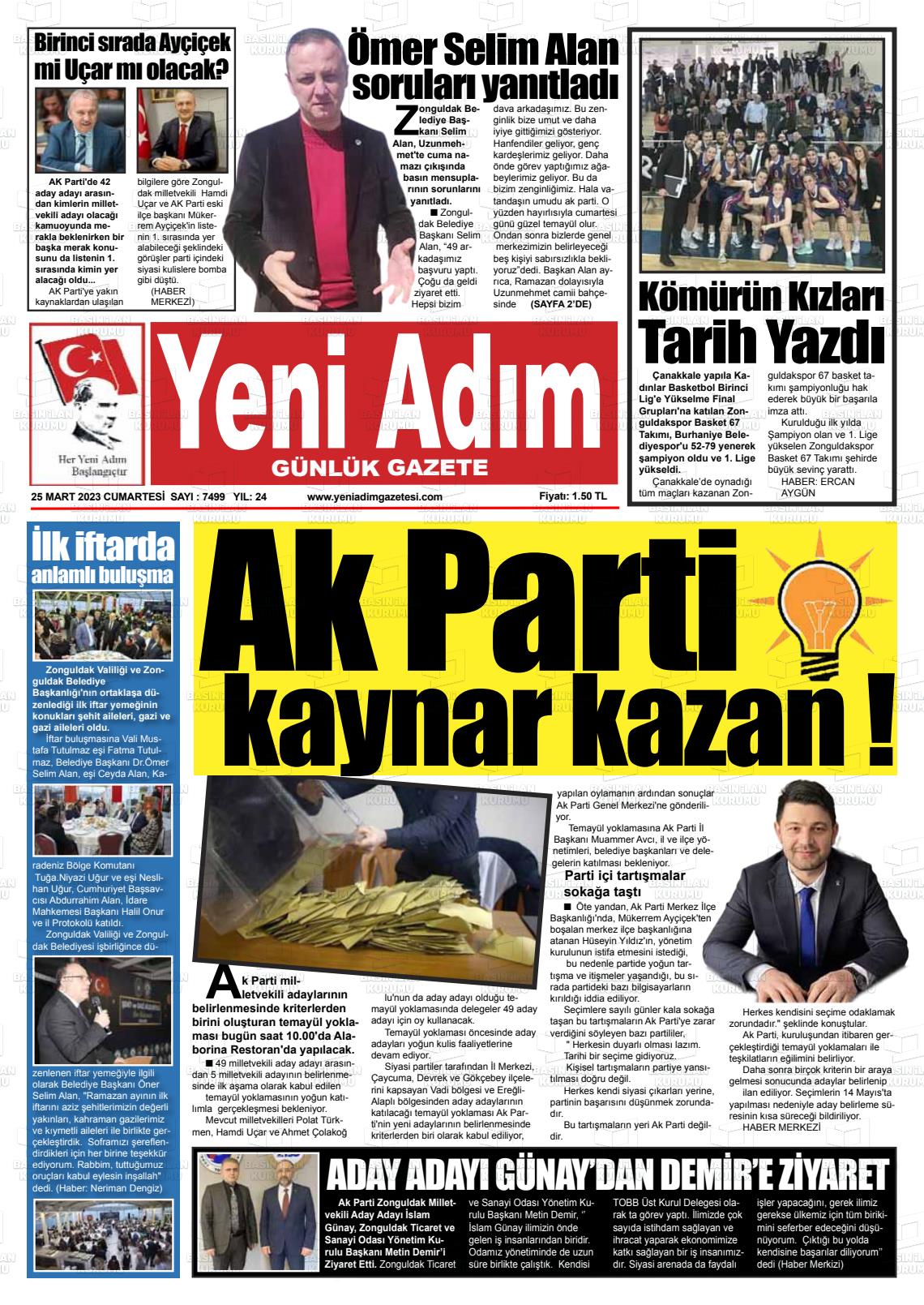 25 Mart 2023 Yeni Adım Gazete Manşeti