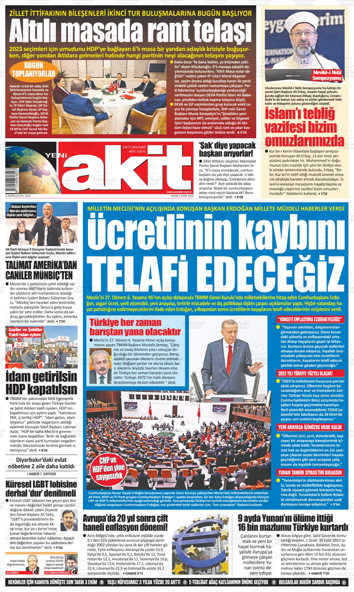 02 Ekim 2022 Yeni Akit Gazete Manşeti