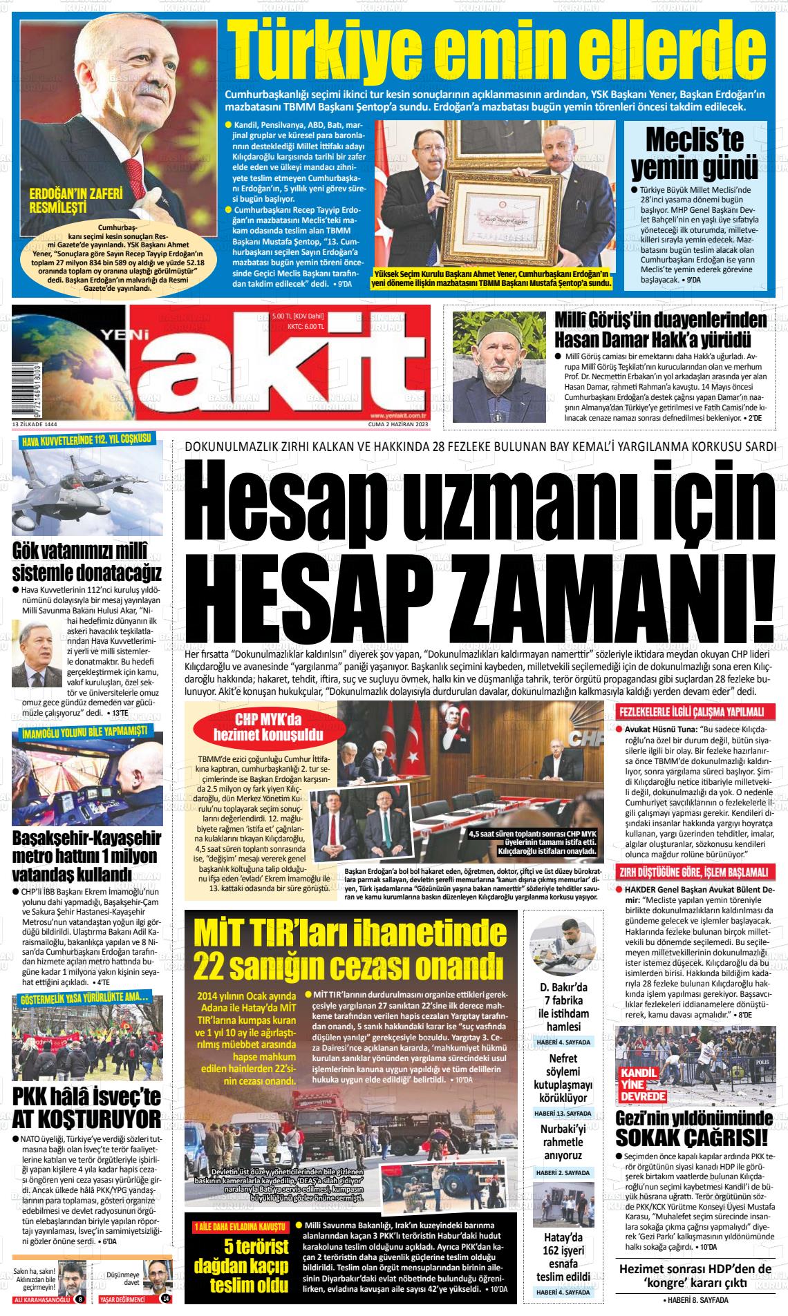 02 Haziran 2023 Yeni Akit Gazete Manşeti