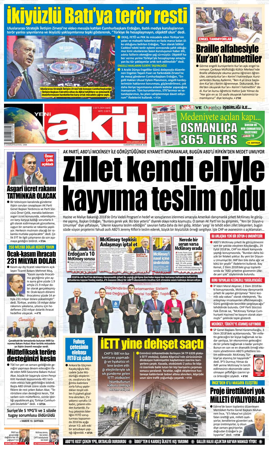03 Aralık 2022 Yeni Akit Gazete Manşeti