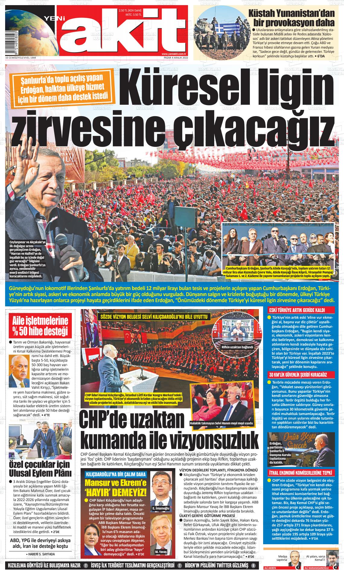 04 Aralık 2022 Yeni Akit Gazete Manşeti