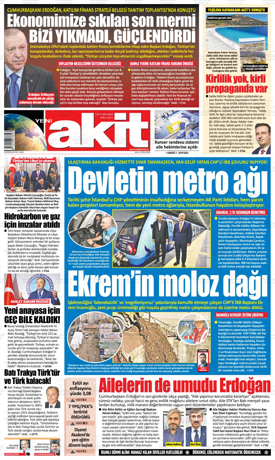 04 Ekim 2022 Yeni Akit Gazete Manşeti