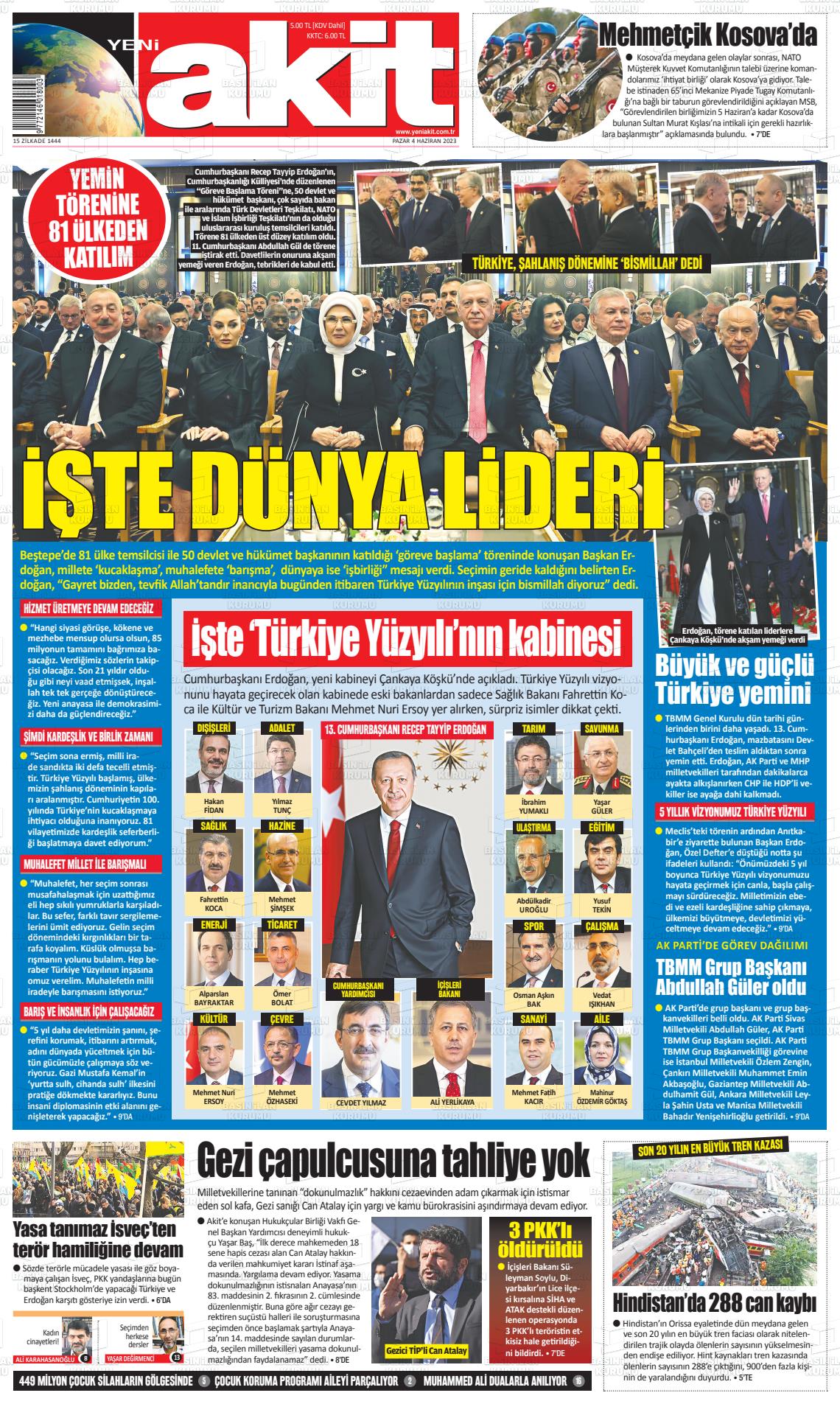 04 Haziran 2023 Yeni Akit Gazete Manşeti