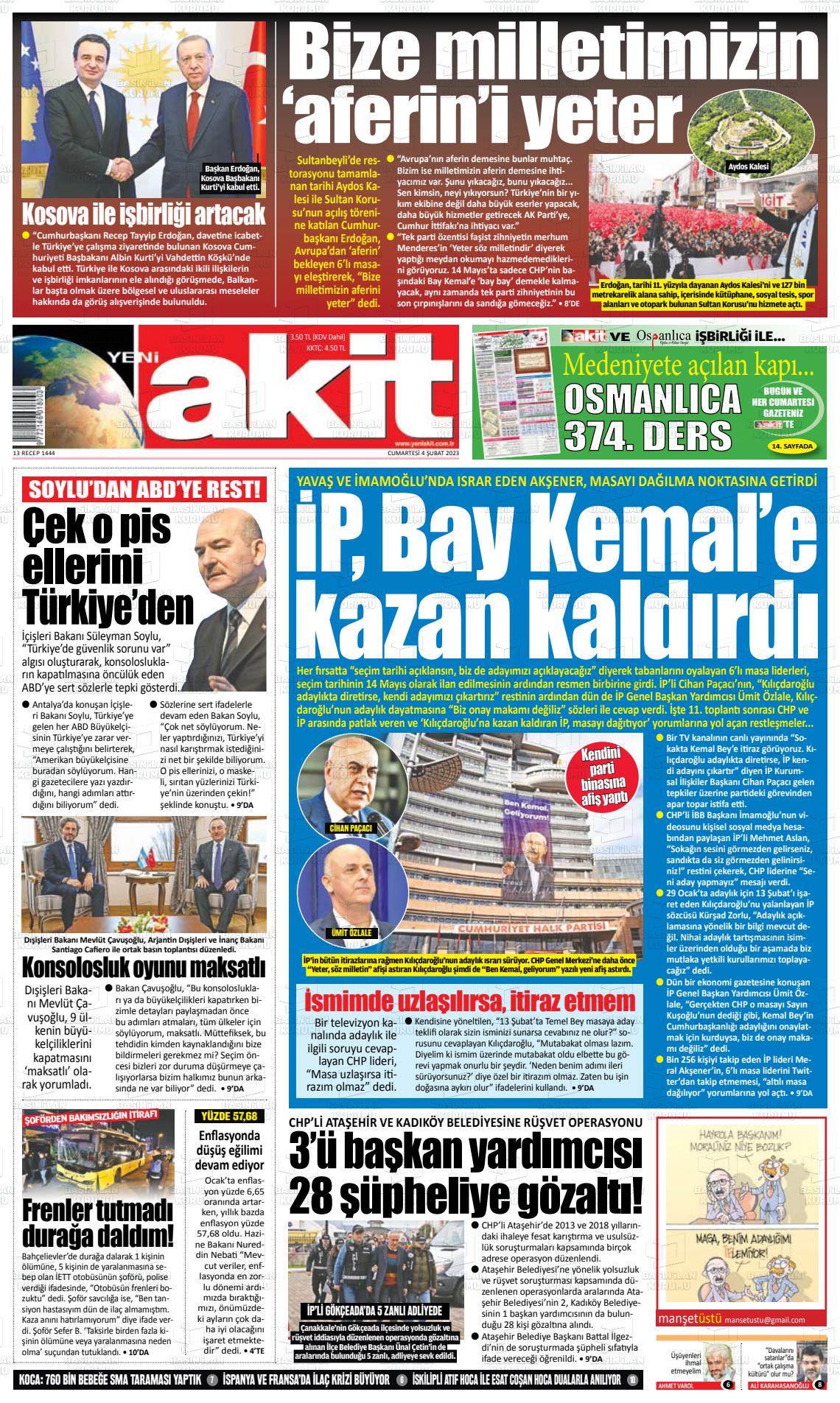 04 Şubat 2023 Yeni Akit Gazete Manşeti