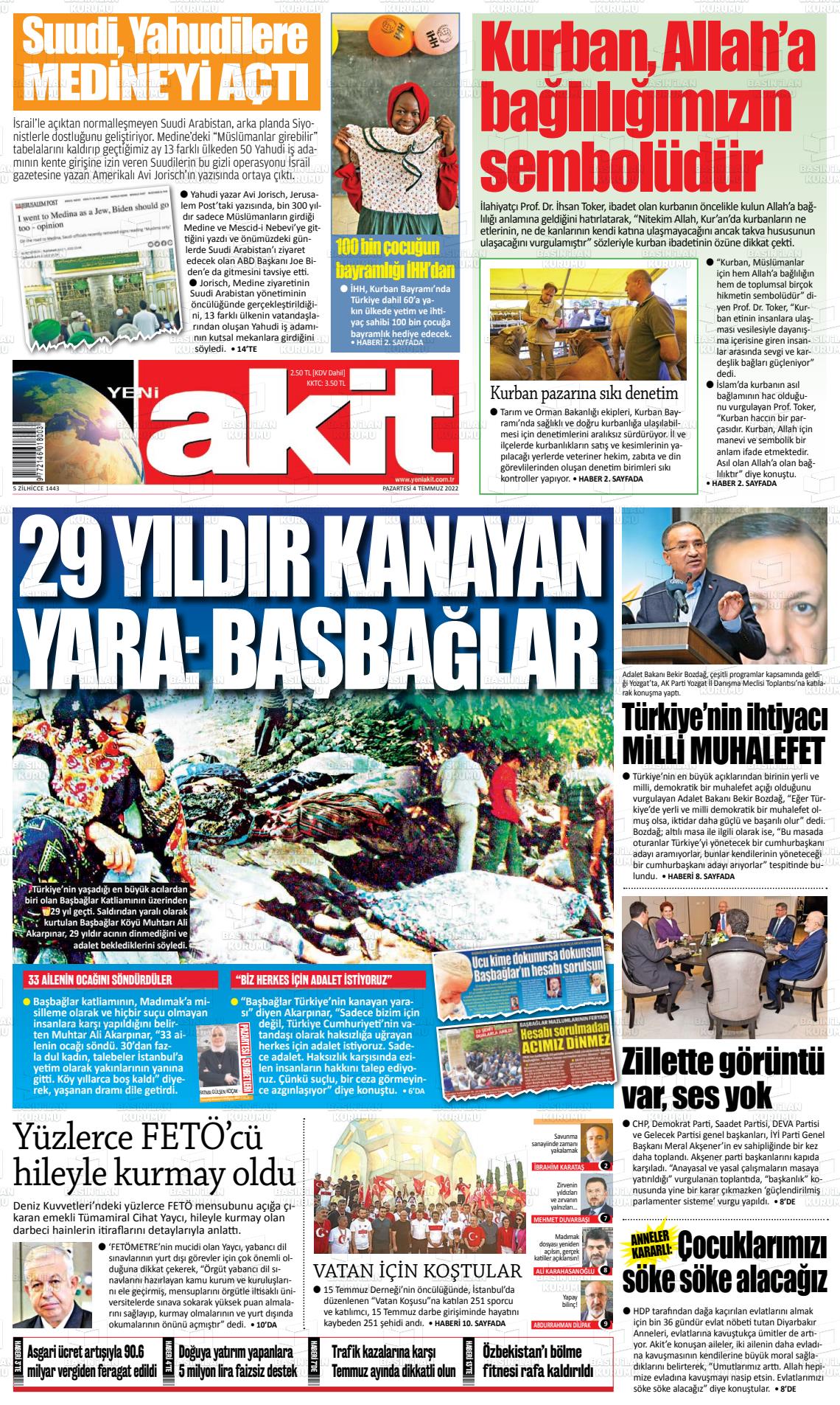04 Temmuz 2022 Yeni Akit Gazete Manşeti