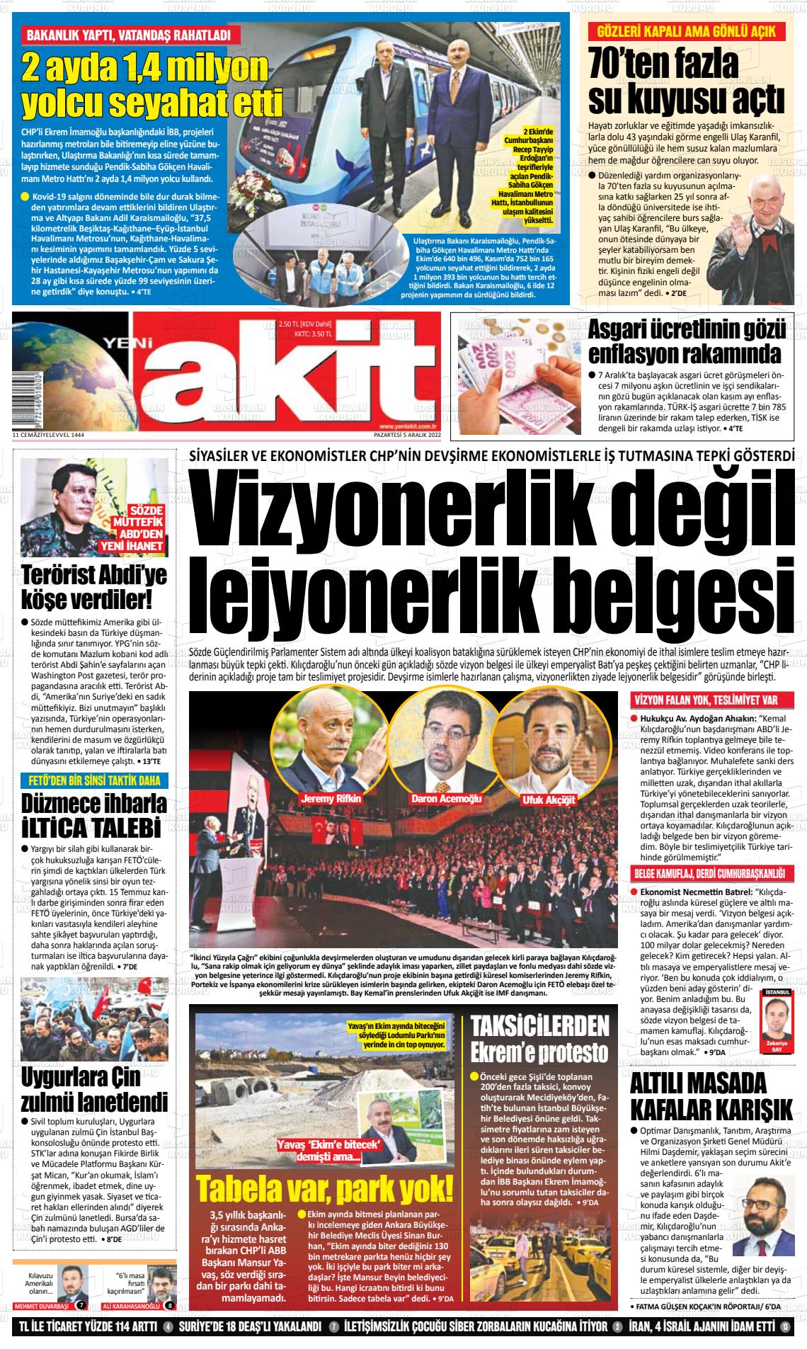 05 Aralık 2022 Yeni Akit Gazete Manşeti