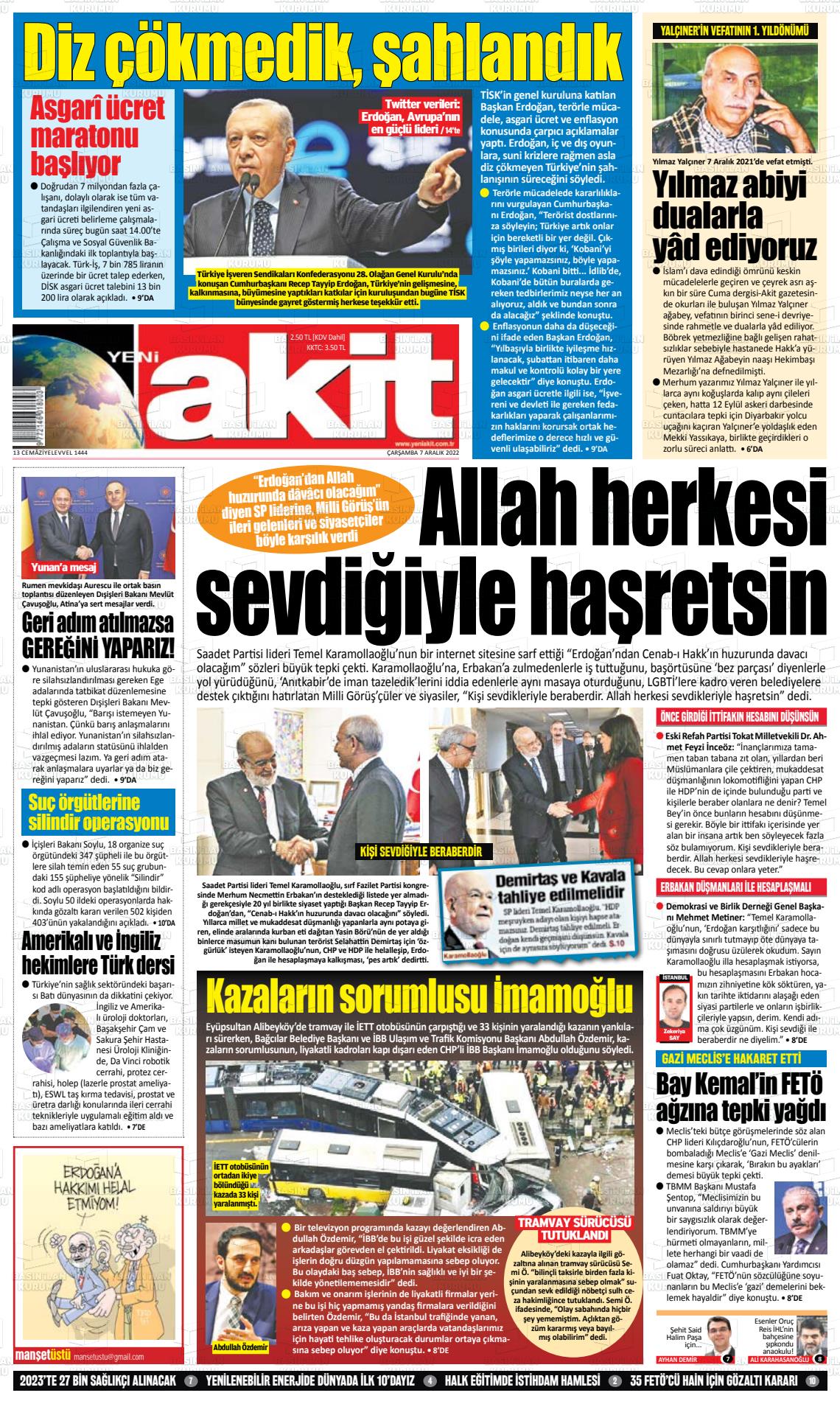 07 Aralık 2022 Yeni Akit Gazete Manşeti