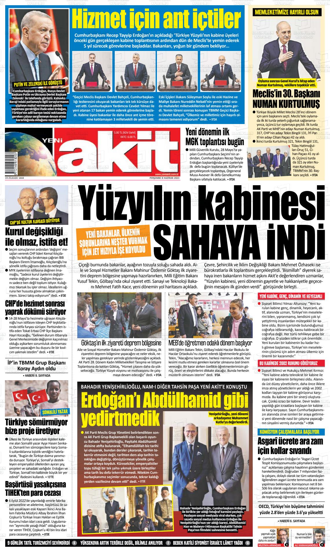 08 Haziran 2023 Yeni Akit Gazete Manşeti