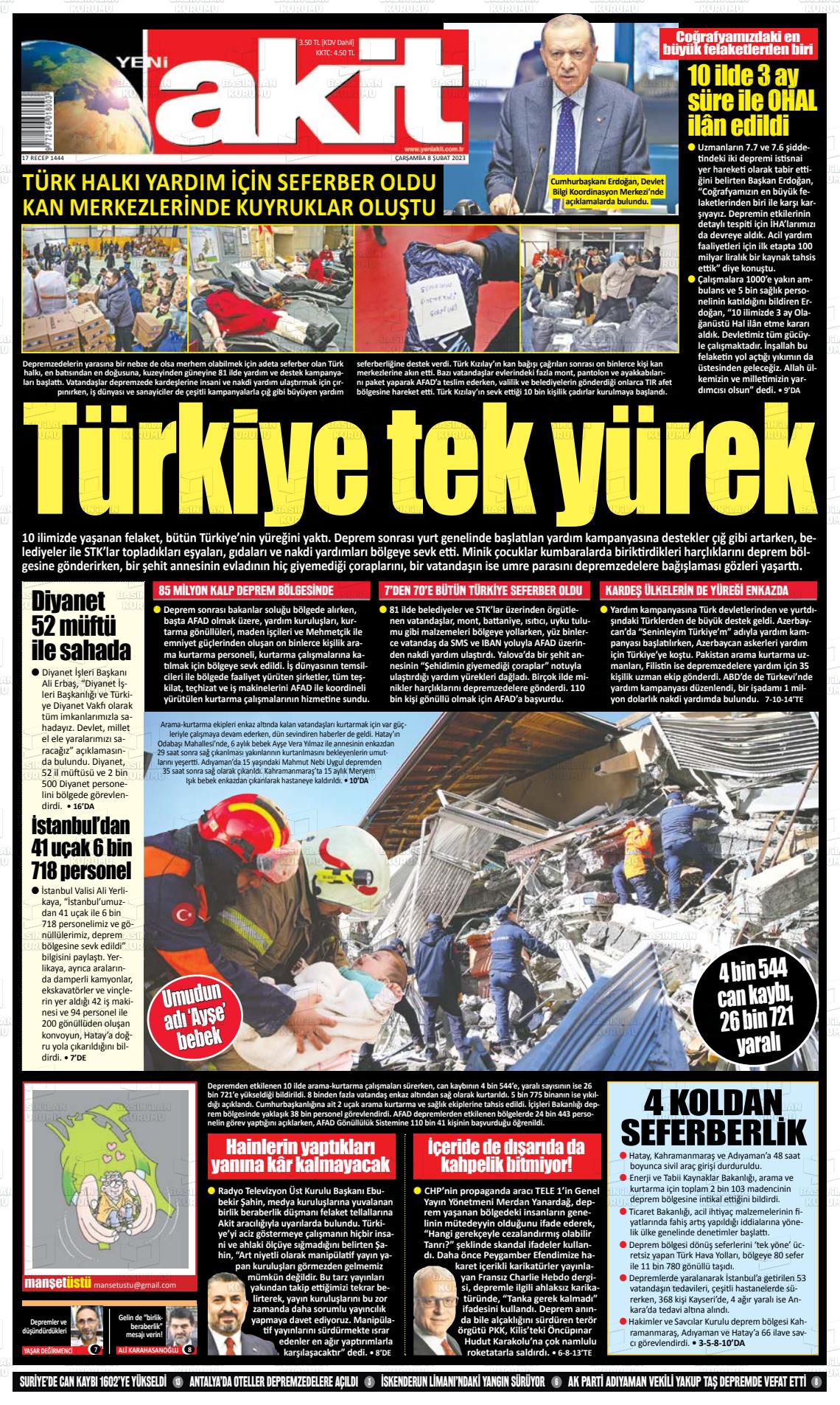 08 Şubat 2023 Yeni Akit Gazete Manşeti