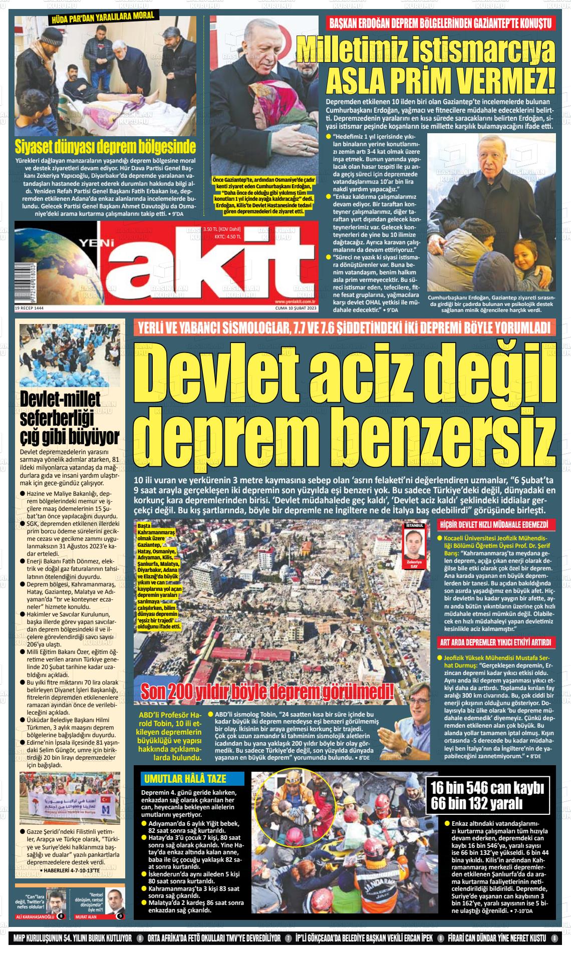 10 Şubat 2023 Yeni Akit Gazete Manşeti