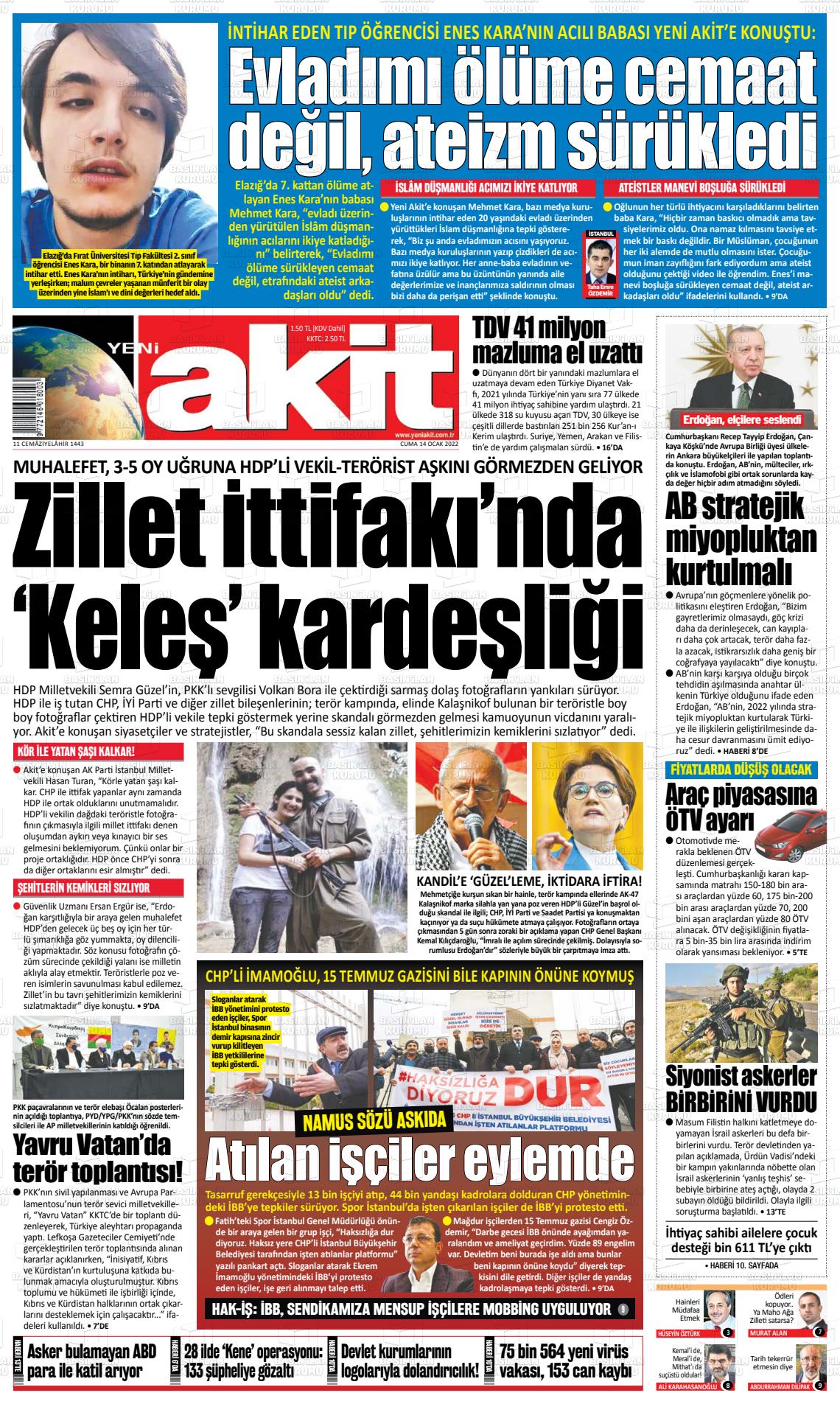 14 Ocak 2022 Yeni Akit Gazete Manşeti