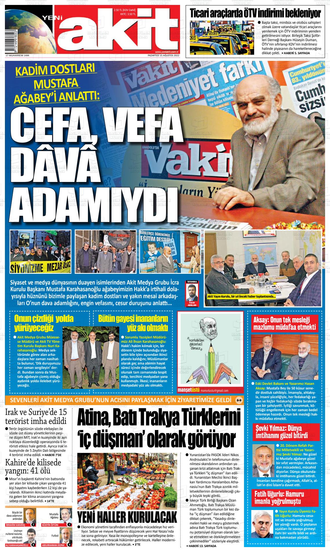 15 Ağustos 2022 Yeni Akit Gazete Manşeti