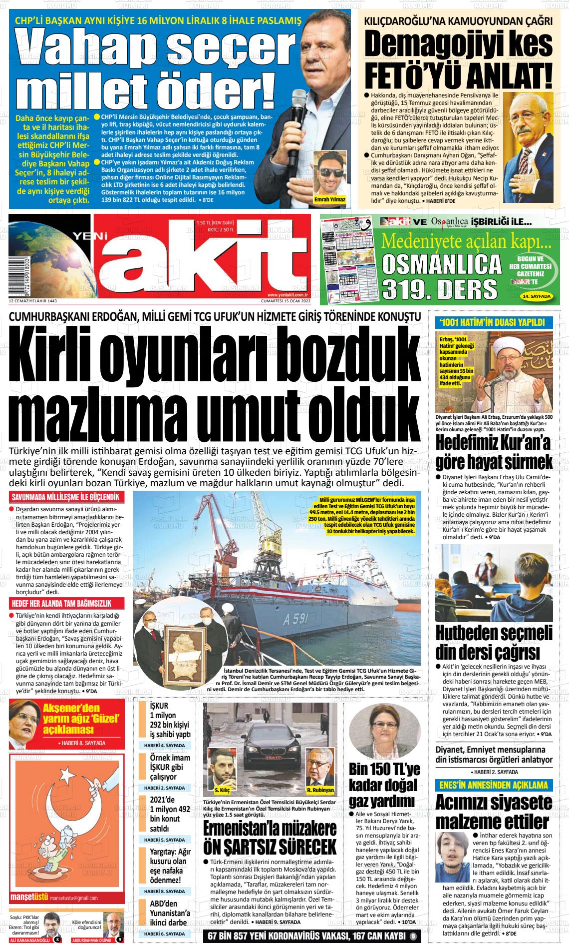 15 Ocak 2022 Yeni Akit Gazete Manşeti