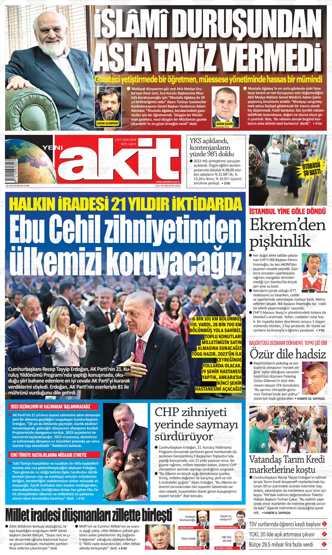 16 Ağustos 2022 Yeni Akit Gazete Manşeti