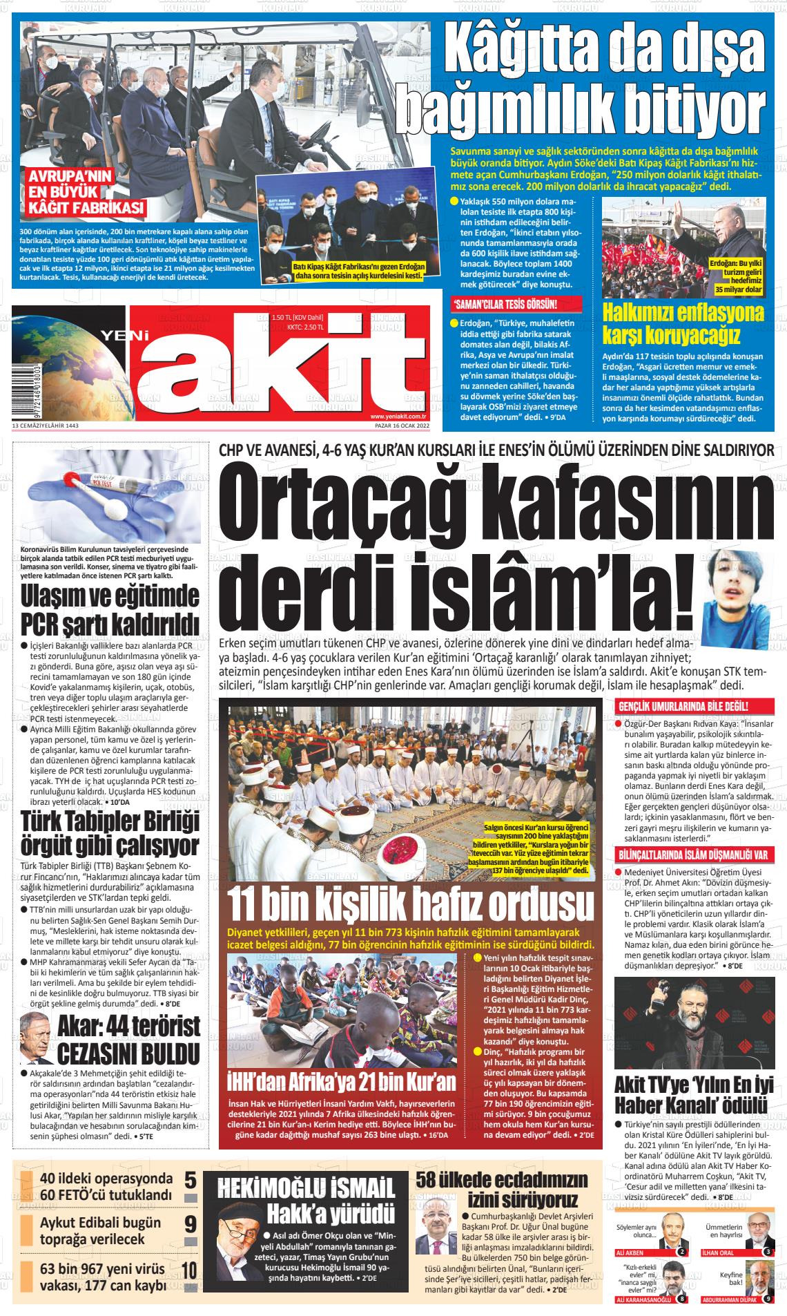 16 Ocak 2022 Yeni Akit Gazete Manşeti