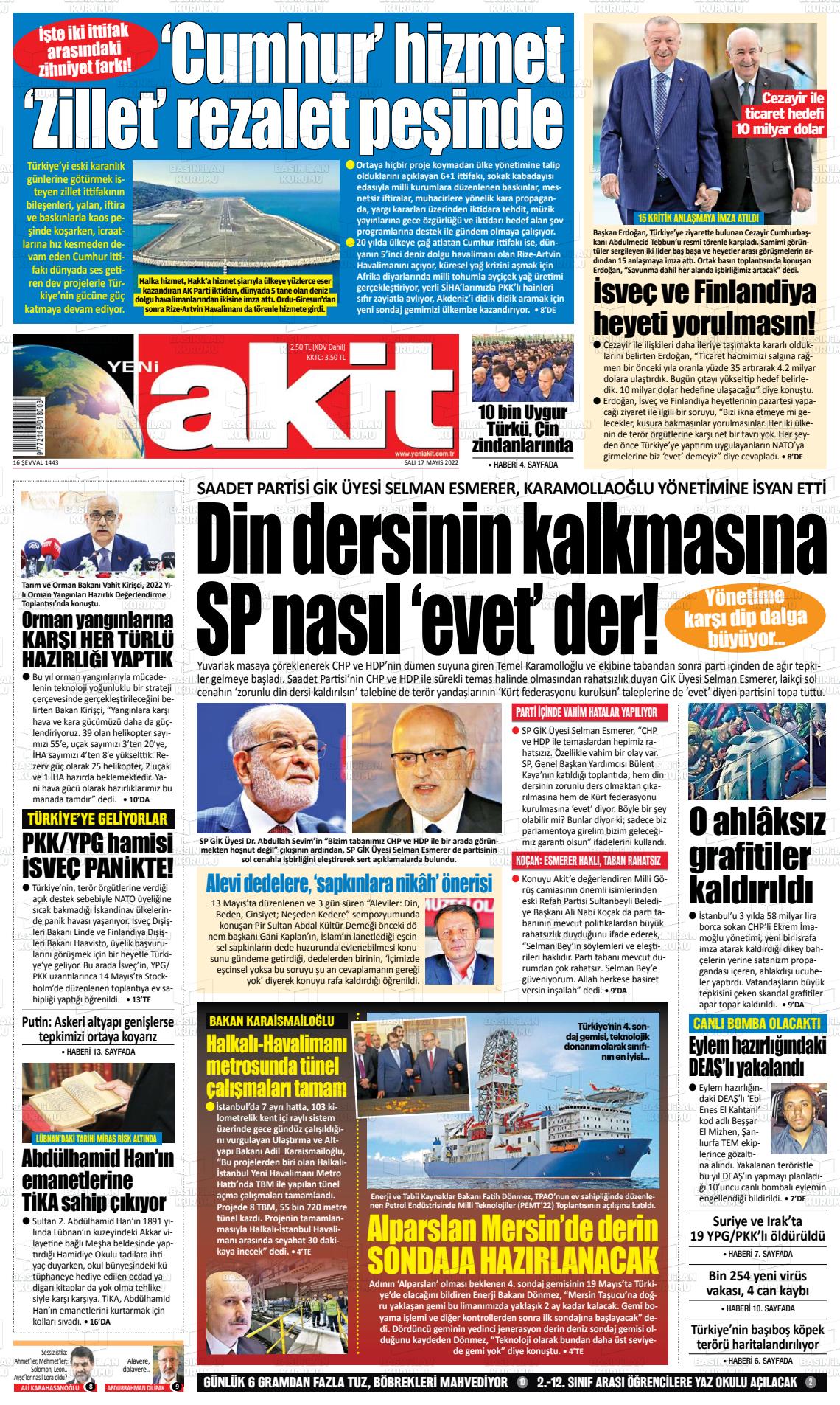 17 Mayıs 2022 Yeni Akit Gazete Manşeti