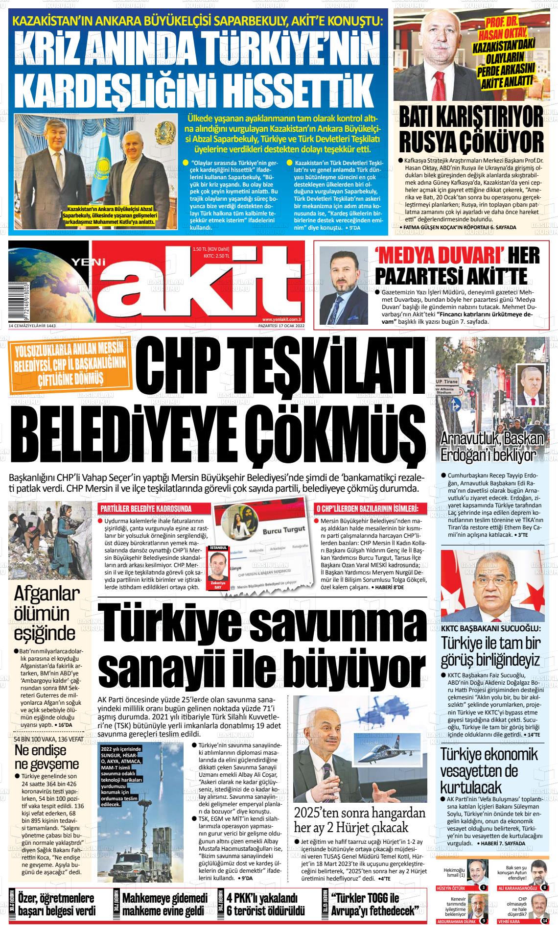 17 Ocak 2022 Yeni Akit Gazete Manşeti