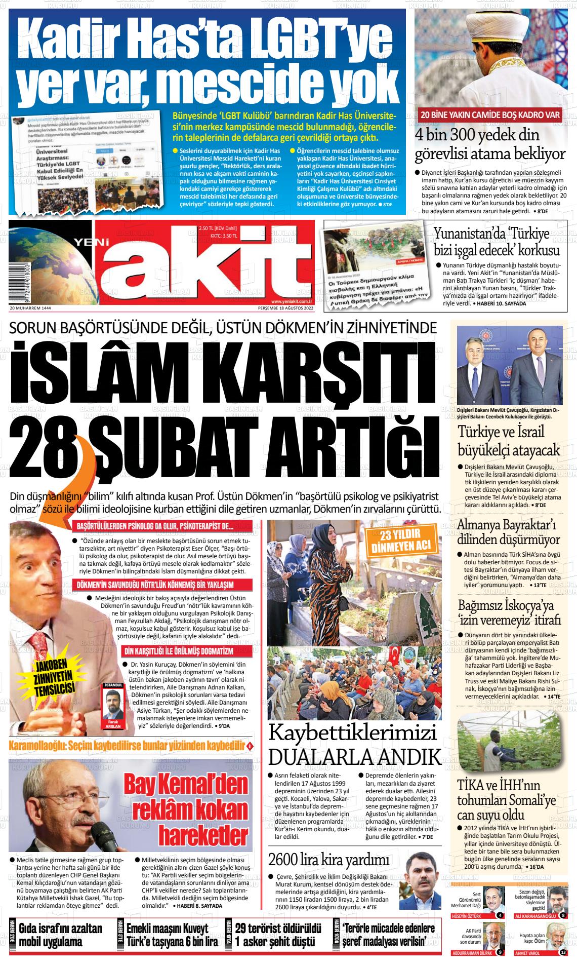 18 Ağustos 2022 Yeni Akit Gazete Manşeti