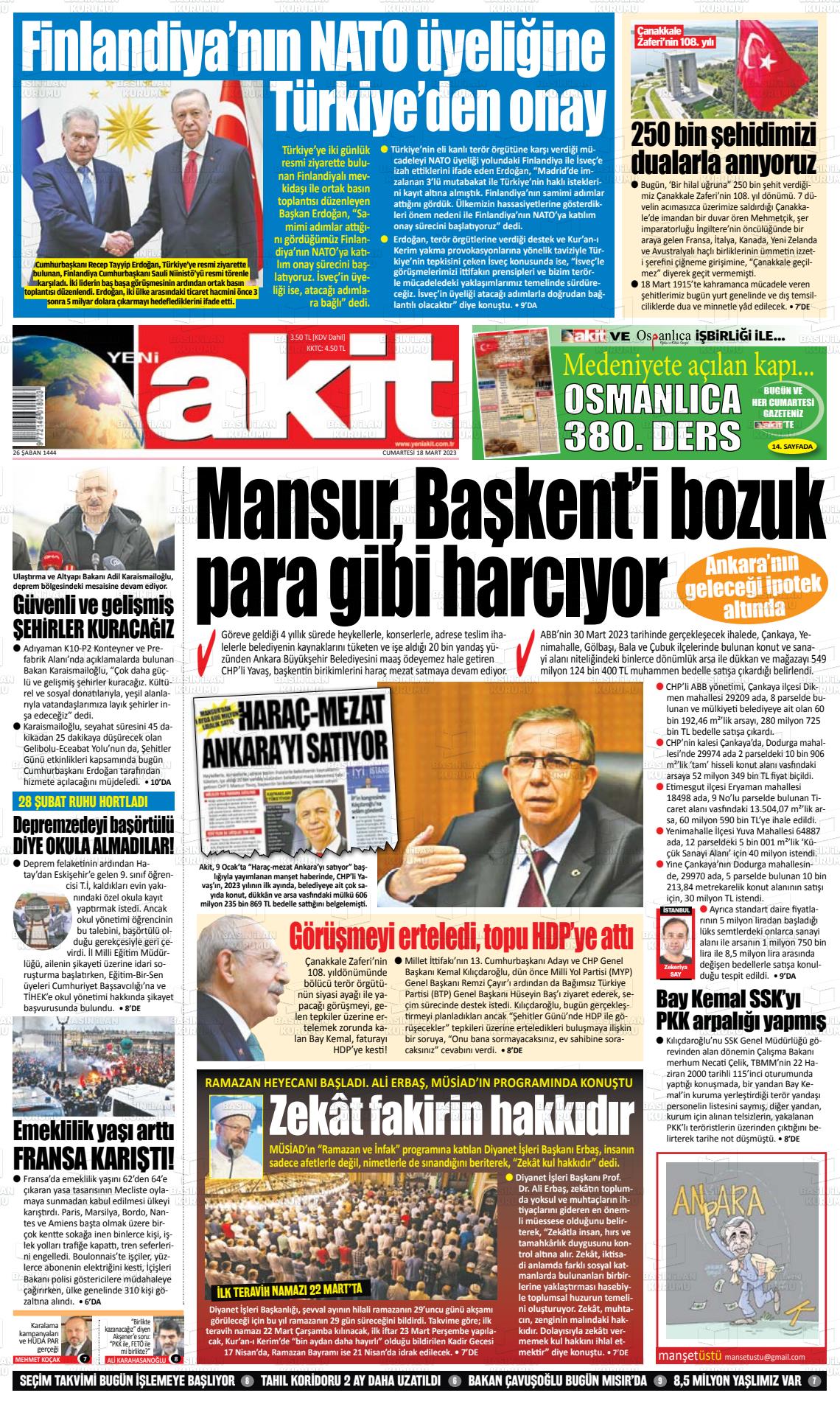 18 Mart 2023 Yeni Akit Gazete Manşeti