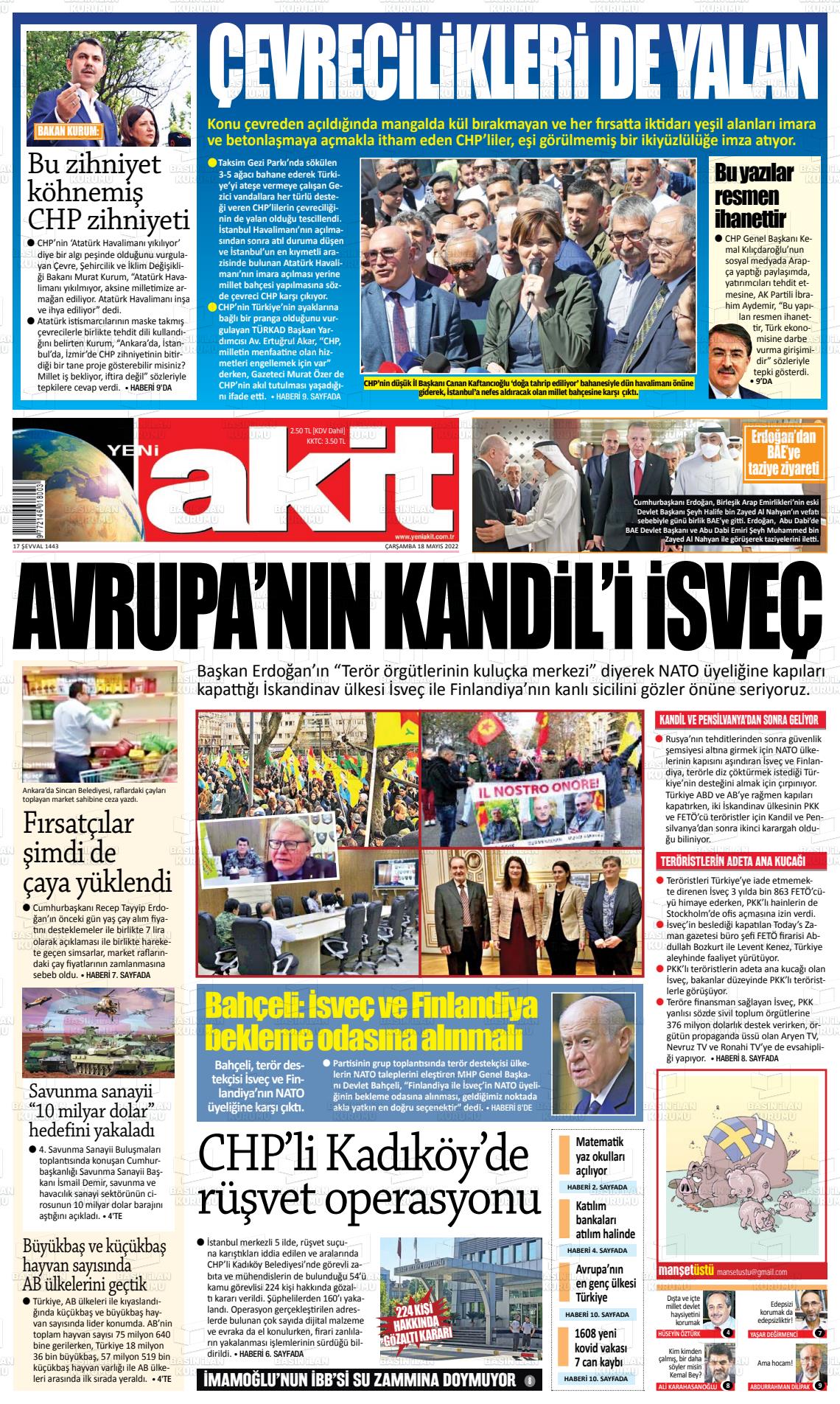 18 Mayıs 2022 Yeni Akit Gazete Manşeti