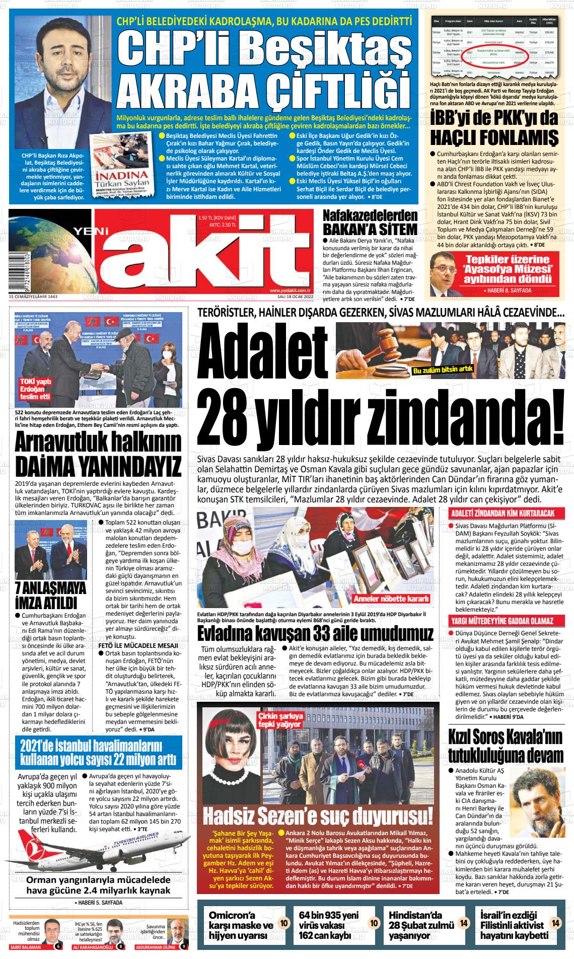18 Ocak 2022 Yeni Akit Gazete Manşeti