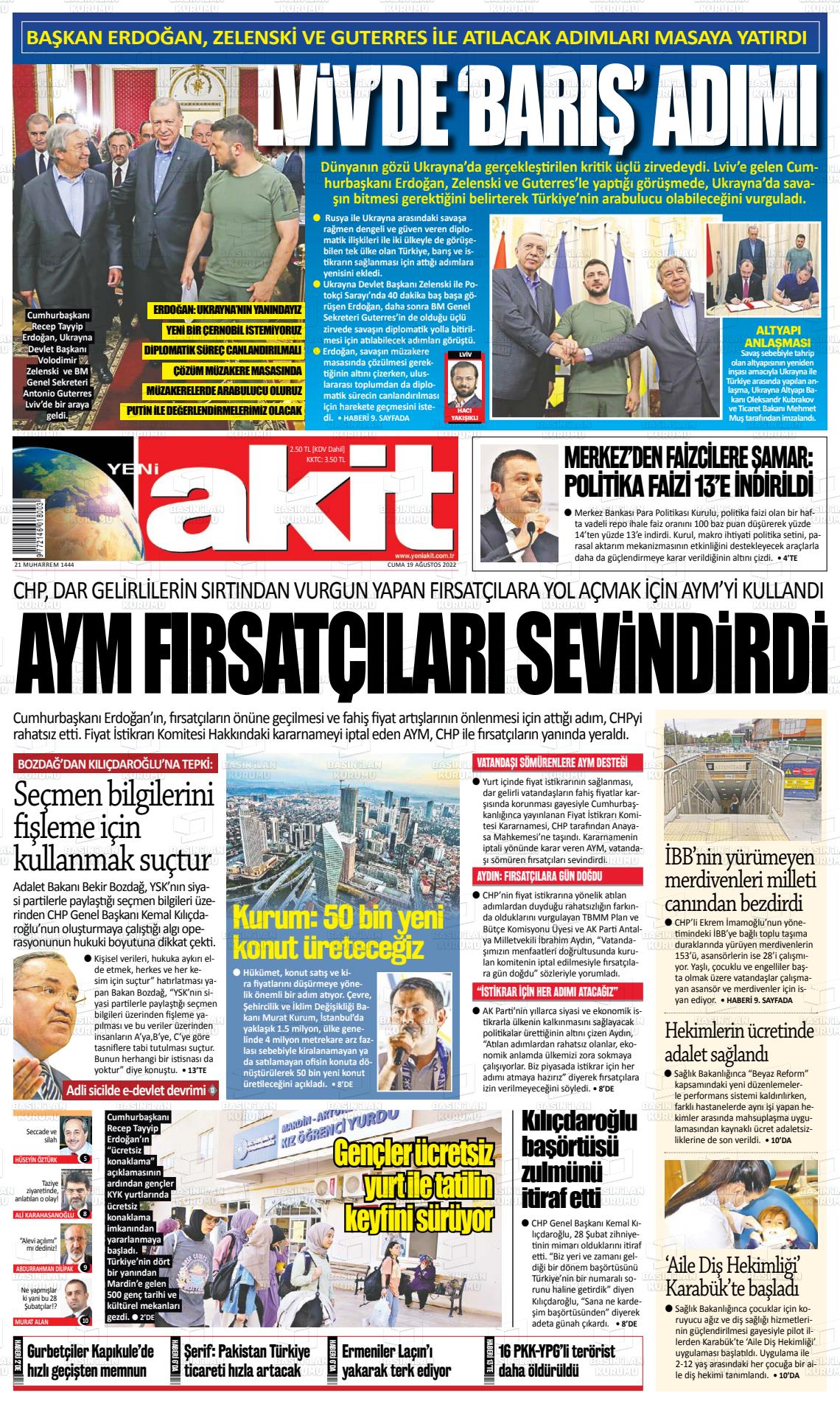 19 Ağustos 2022 Yeni Akit Gazete Manşeti