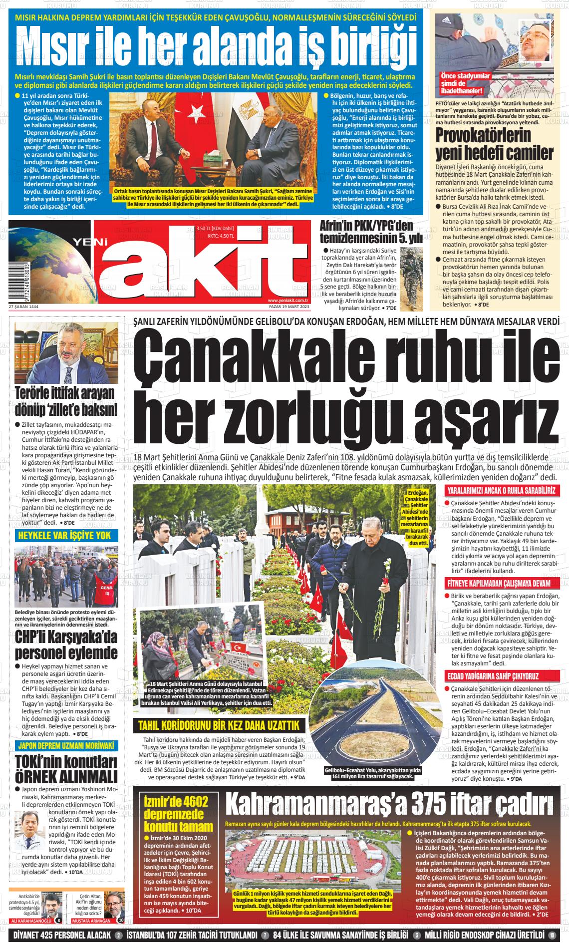 19 Mart 2023 Yeni Akit Gazete Manşeti