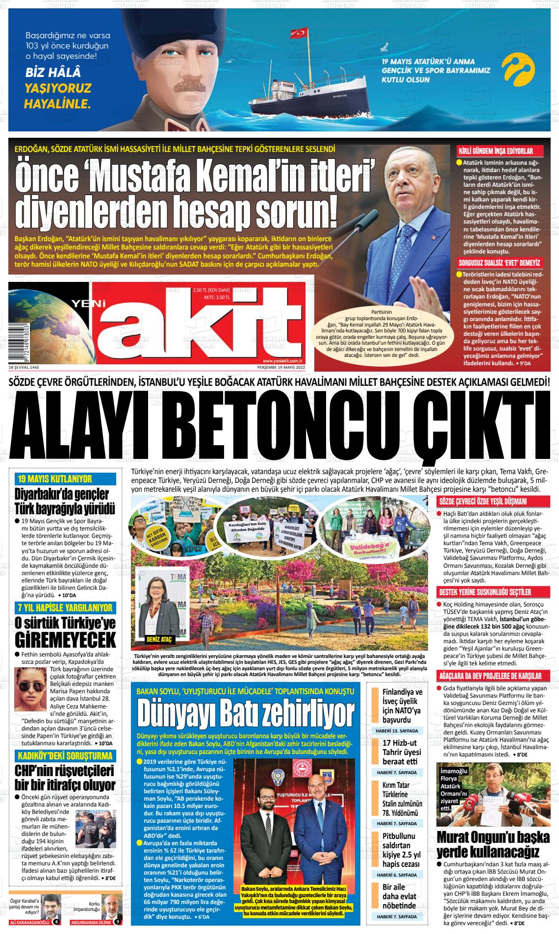 19 Mayıs 2022 Yeni Akit Gazete Manşeti