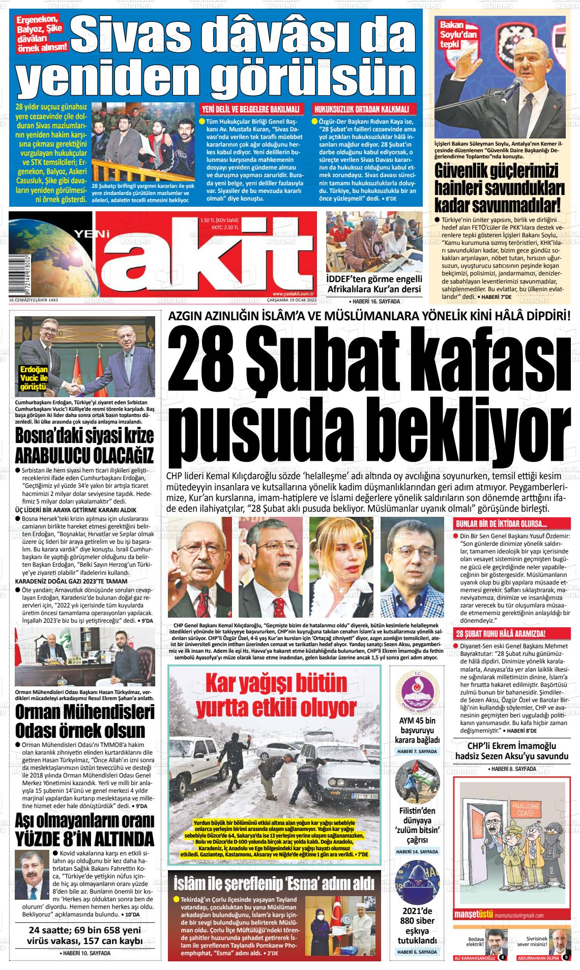 19 Ocak 2022 Yeni Akit Gazete Manşeti