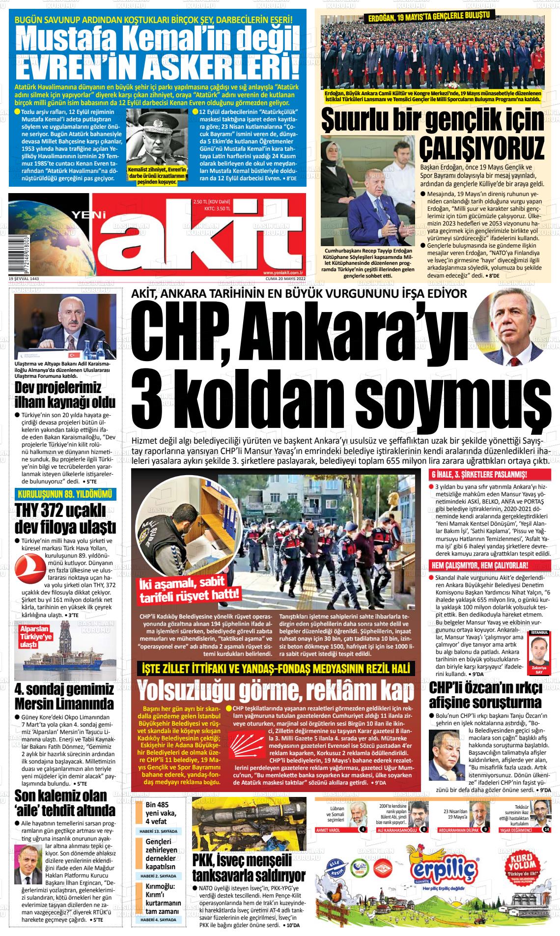 20 Mayıs 2022 Yeni Akit Gazete Manşeti