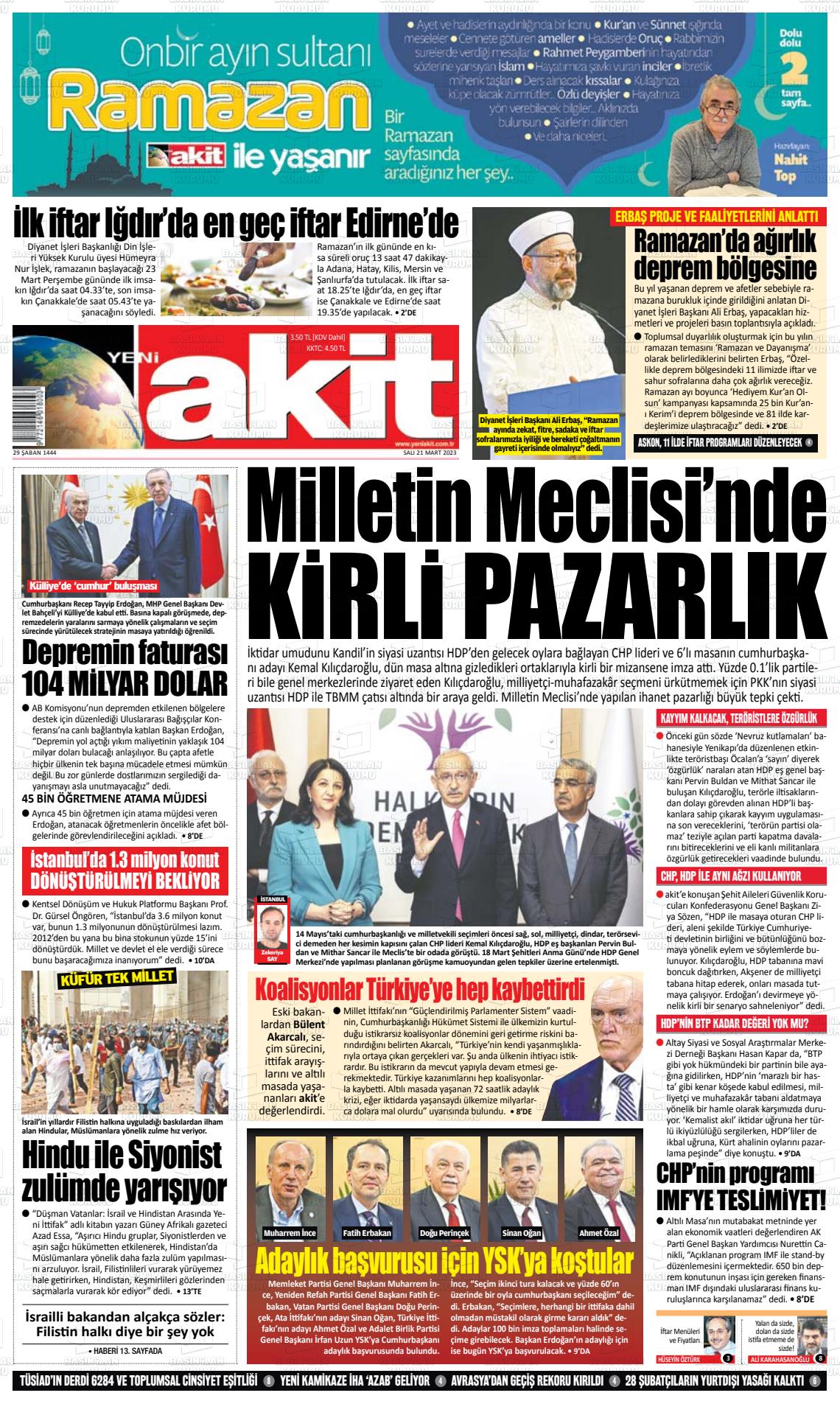 21 Mart 2023 Yeni Akit Gazete Manşeti