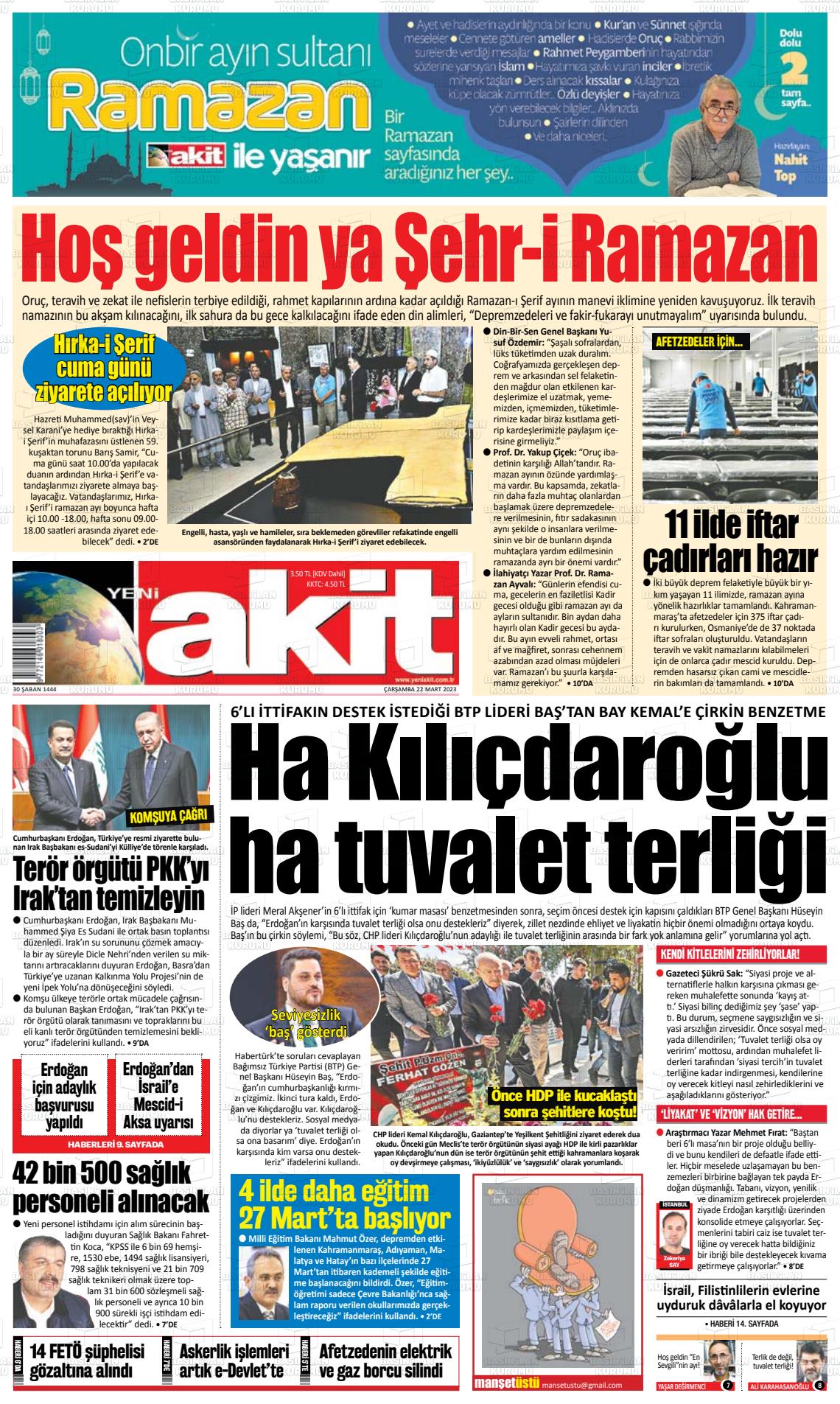 22 Mart 2023 Yeni Akit Gazete Manşeti