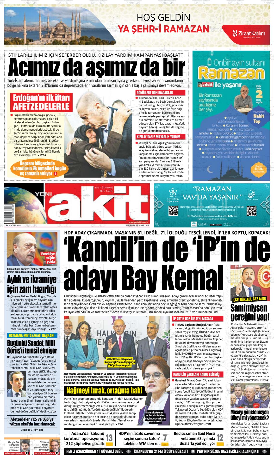 23 Mart 2023 Yeni Akit Gazete Manşeti