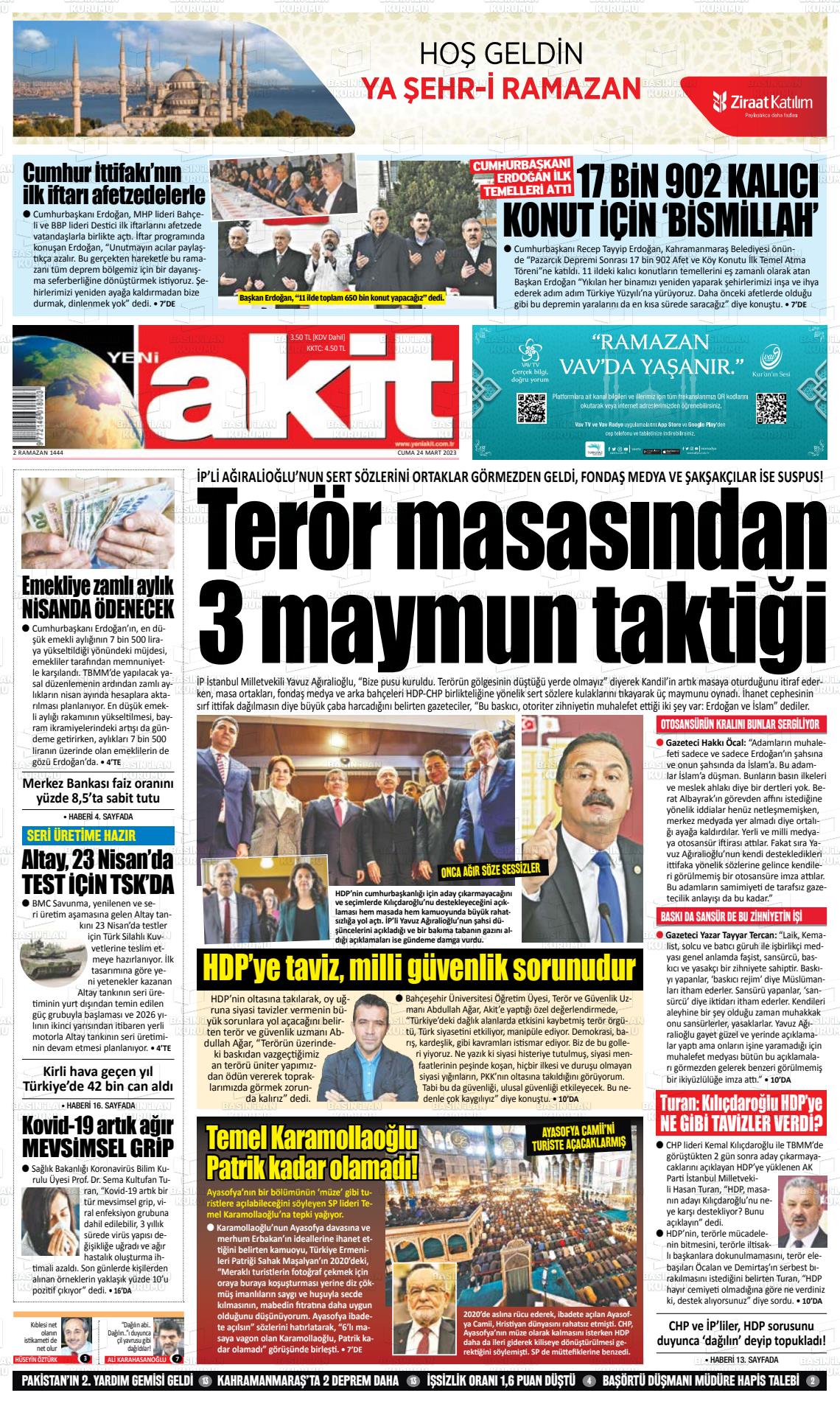 24 Mart 2023 Yeni Akit Gazete Manşeti